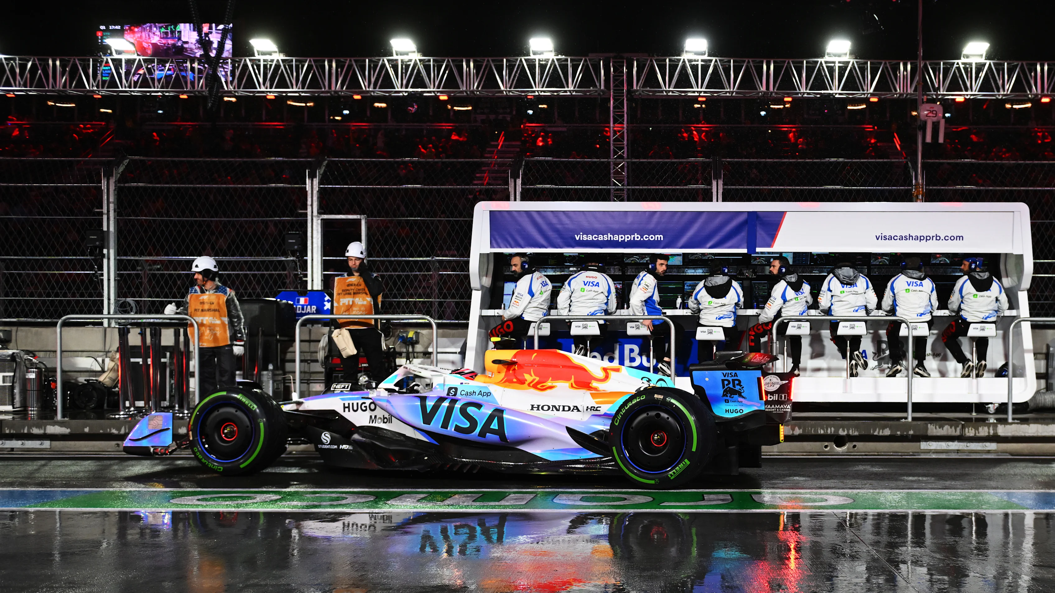 LAS VEGAS, NEVADA - NOVEMBER 21: Liam Lawson of New Zealand driving the (30) Visa Cash App Racing Bulls VCARB 02 in the Pitlane during qualifying ahead of the F1 Grand Prix of Las Vegas at Las Vegas Strip Circuit on November 21, 2025 in Las Vegas, Nevada. (Photo by Rudy Carezzevoli/Getty Images)