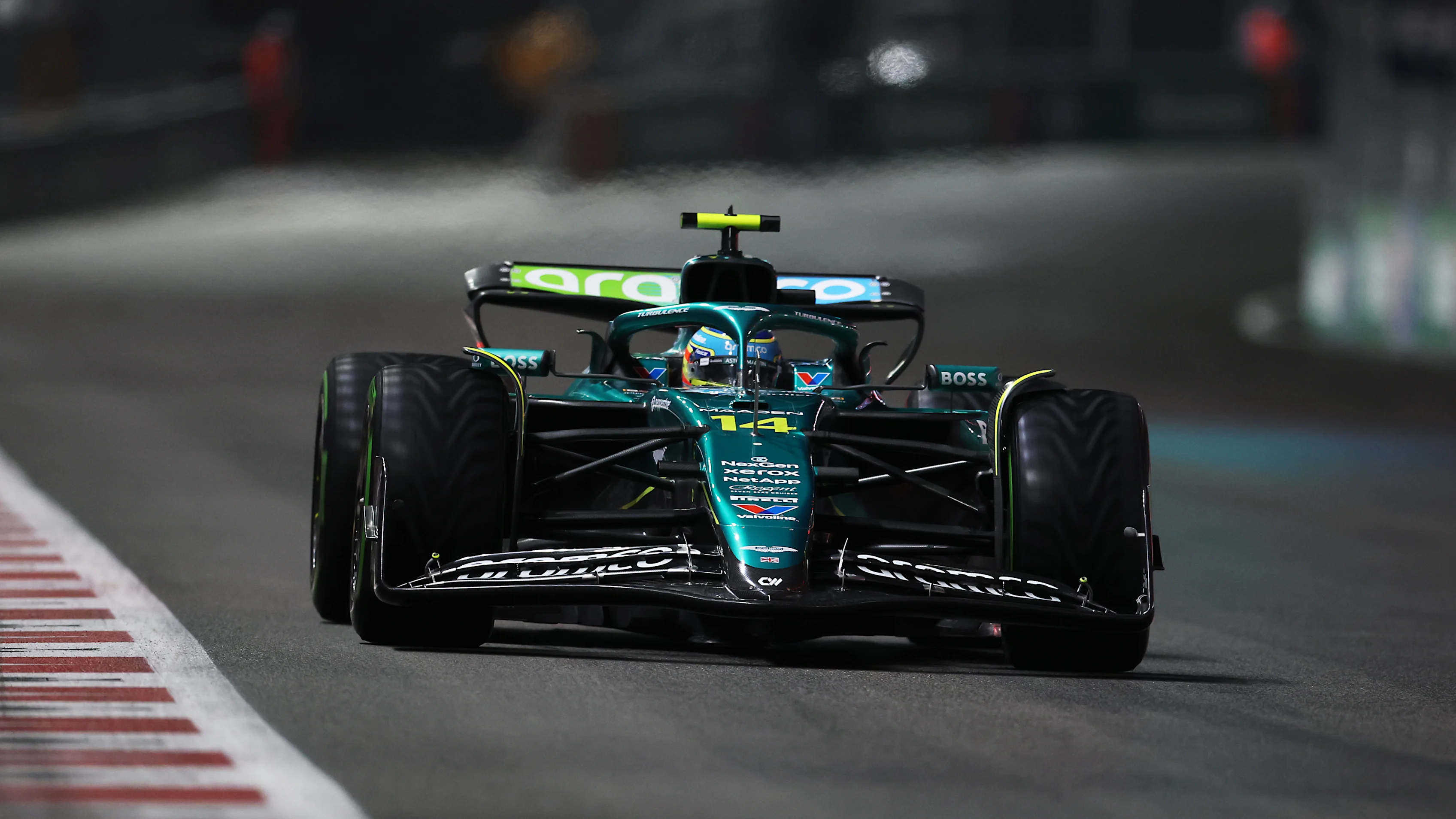 LAS VEGAS, NEVADA - NOVEMBER 21: Fernando Alonso of Spain driving the (14) Aston Martin F1 Team AMR25 Mercedes on track during qualifying ahead of the F1 Grand Prix of Las Vegas at Las Vegas Strip Circuit on November 21, 2025 in Las Vegas, Nevada. (Photo by Chris Graythen/Getty Images)
