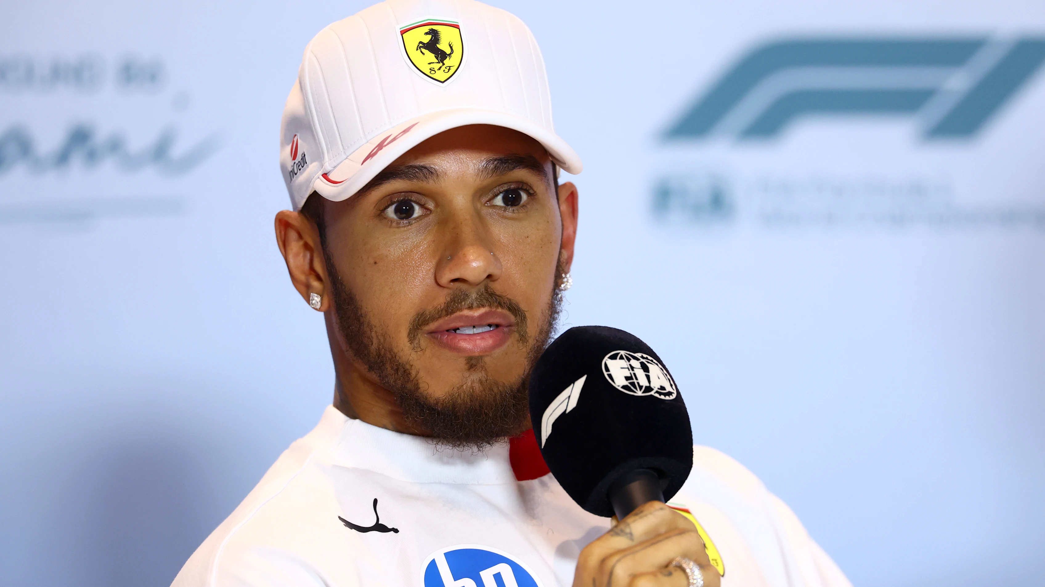 MIAMI, FLORIDA - MAY 01: Lewis Hamilton of Great Britain and Scuderia Ferrari speaks in the Drivers