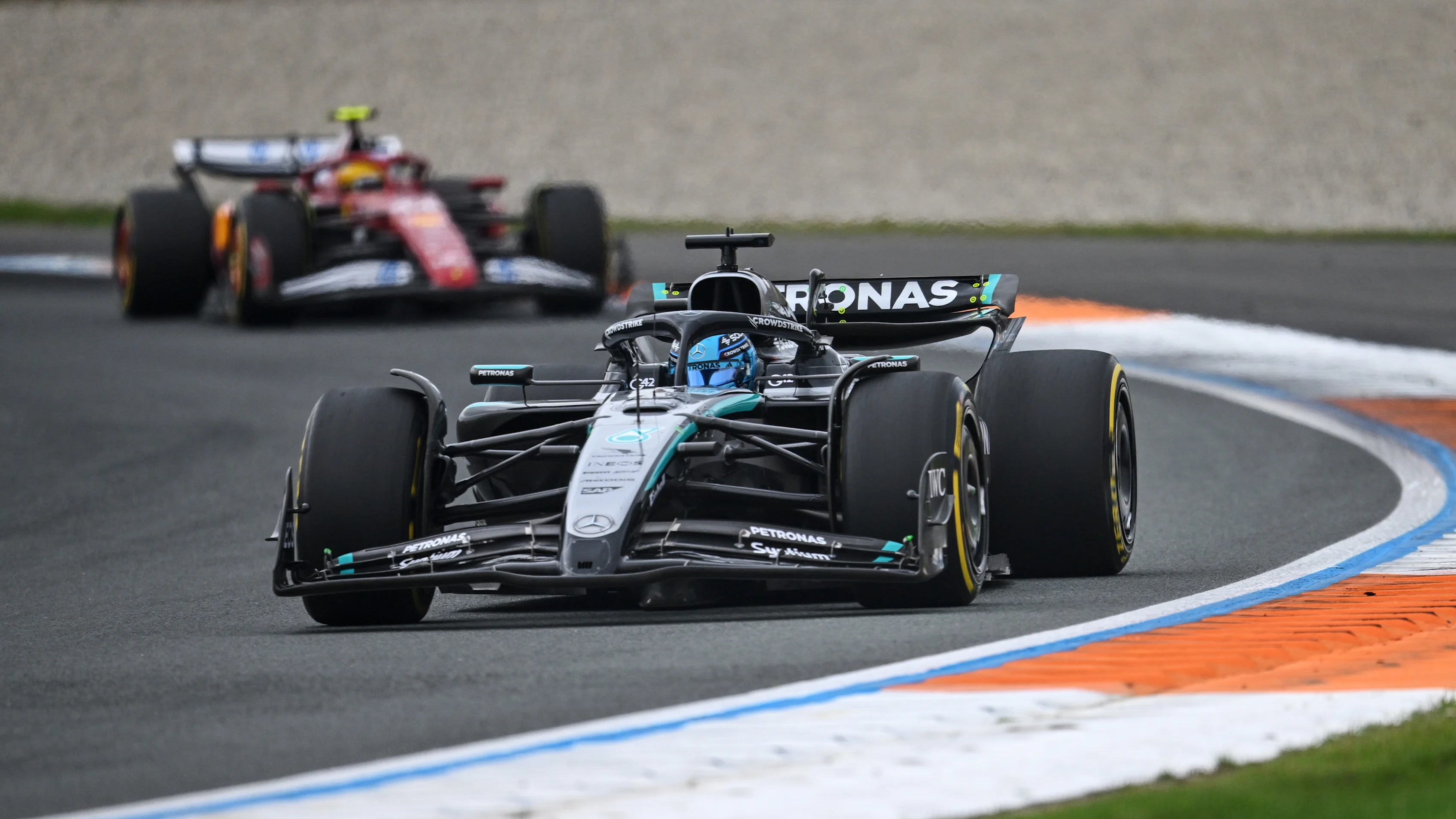 ZANDVOORT, NETHERLANDS - AUGUST 31: George Russell of Great Britain driving the (63) Mercedes AMG