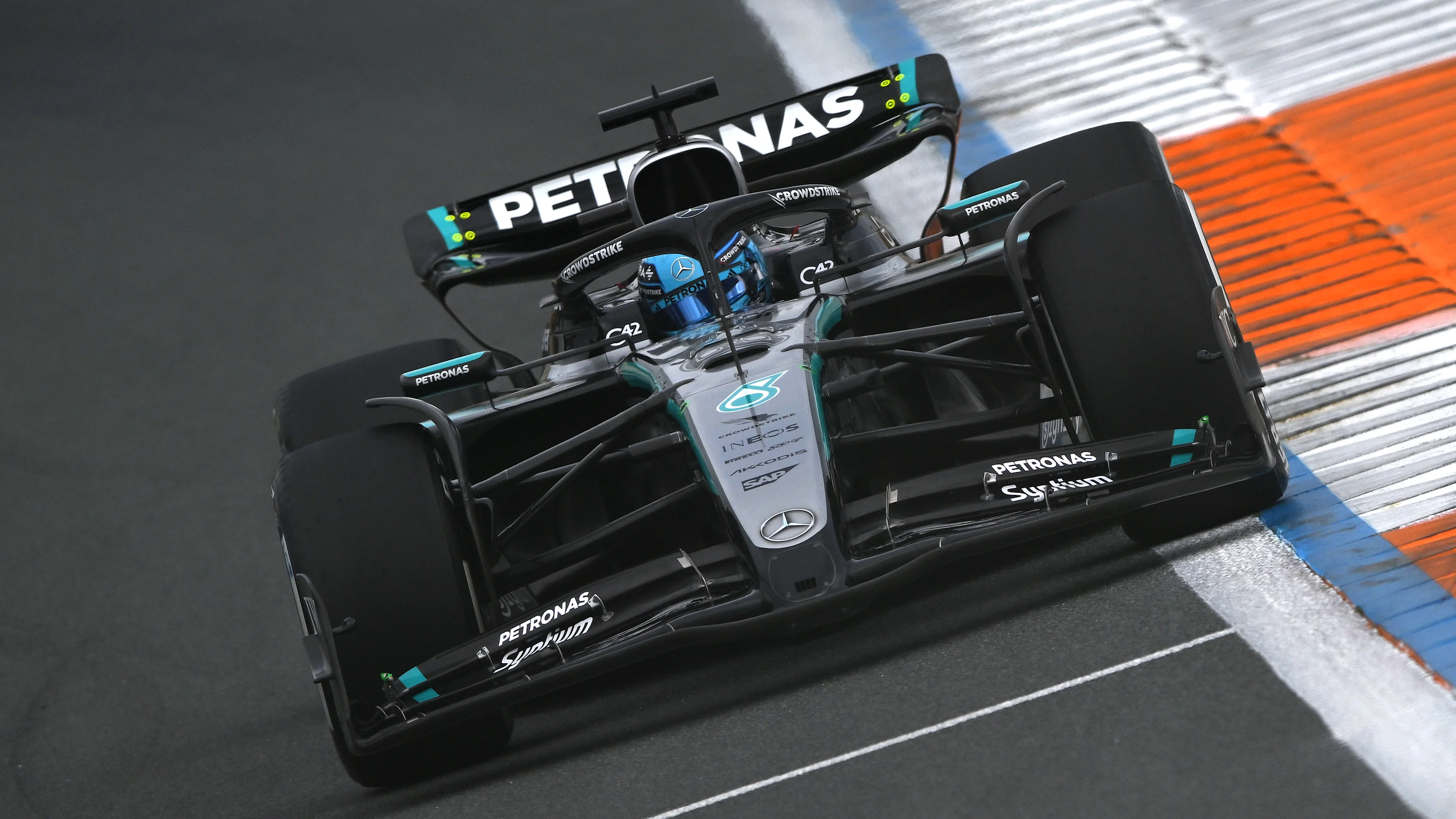 ZANDVOORT, NETHERLANDS - AUGUST 29: George Russell of Great Britain driving the (63) Mercedes AMG