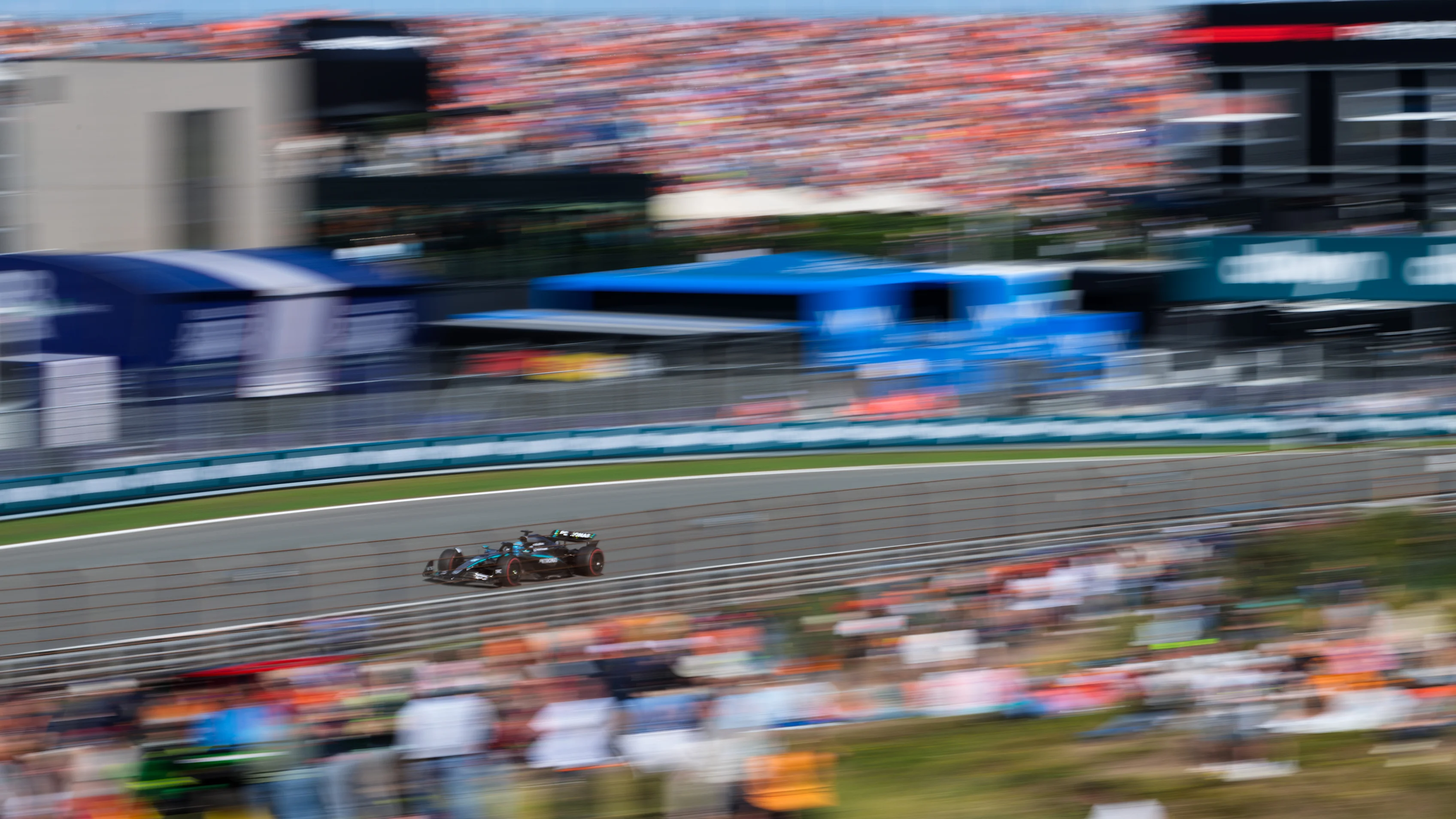 ZANDVOORT, NETHERLANDS - AUGUST 30: George Russell of Great Britain driving the (63) Mercedes AMG