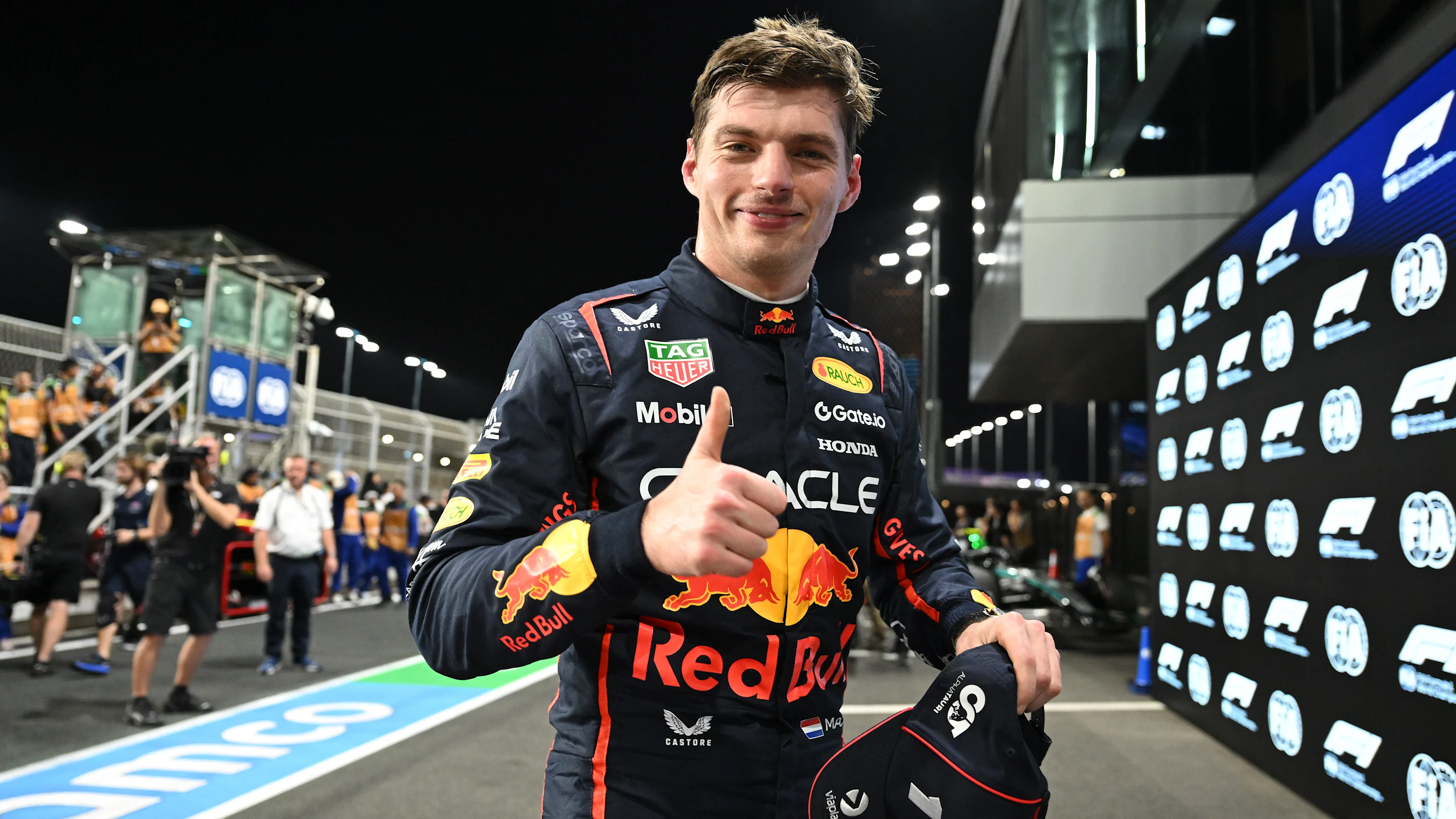 JEDDAH, SAUDI ARABIA - APRIL 19: Pole position qualifier Max Verstappen of the Netherlands and