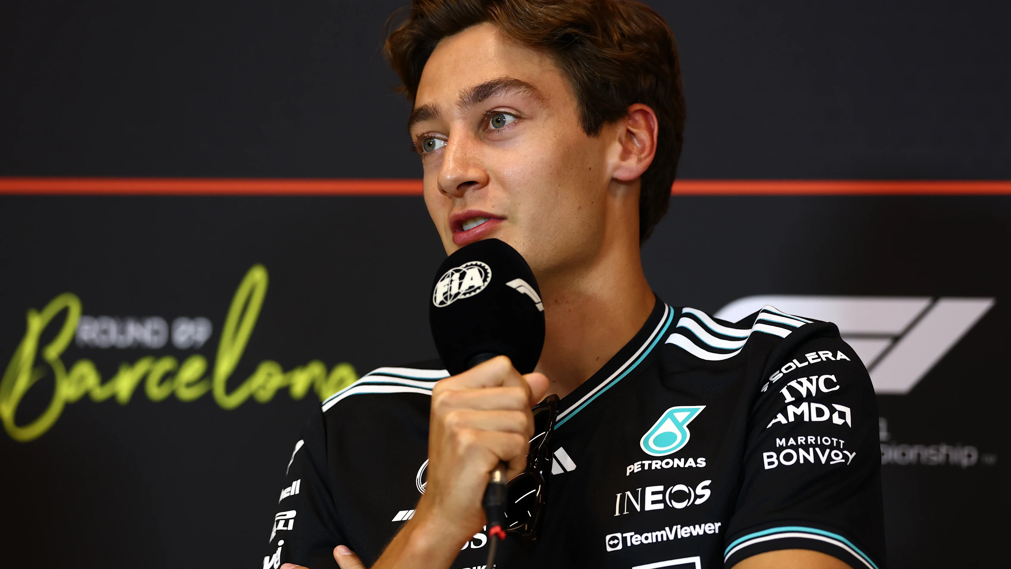 BARCELONA, SPAIN - MAY 29: George Russell of Great Britain and Mercedes AMG Petronas F1 Team speaks