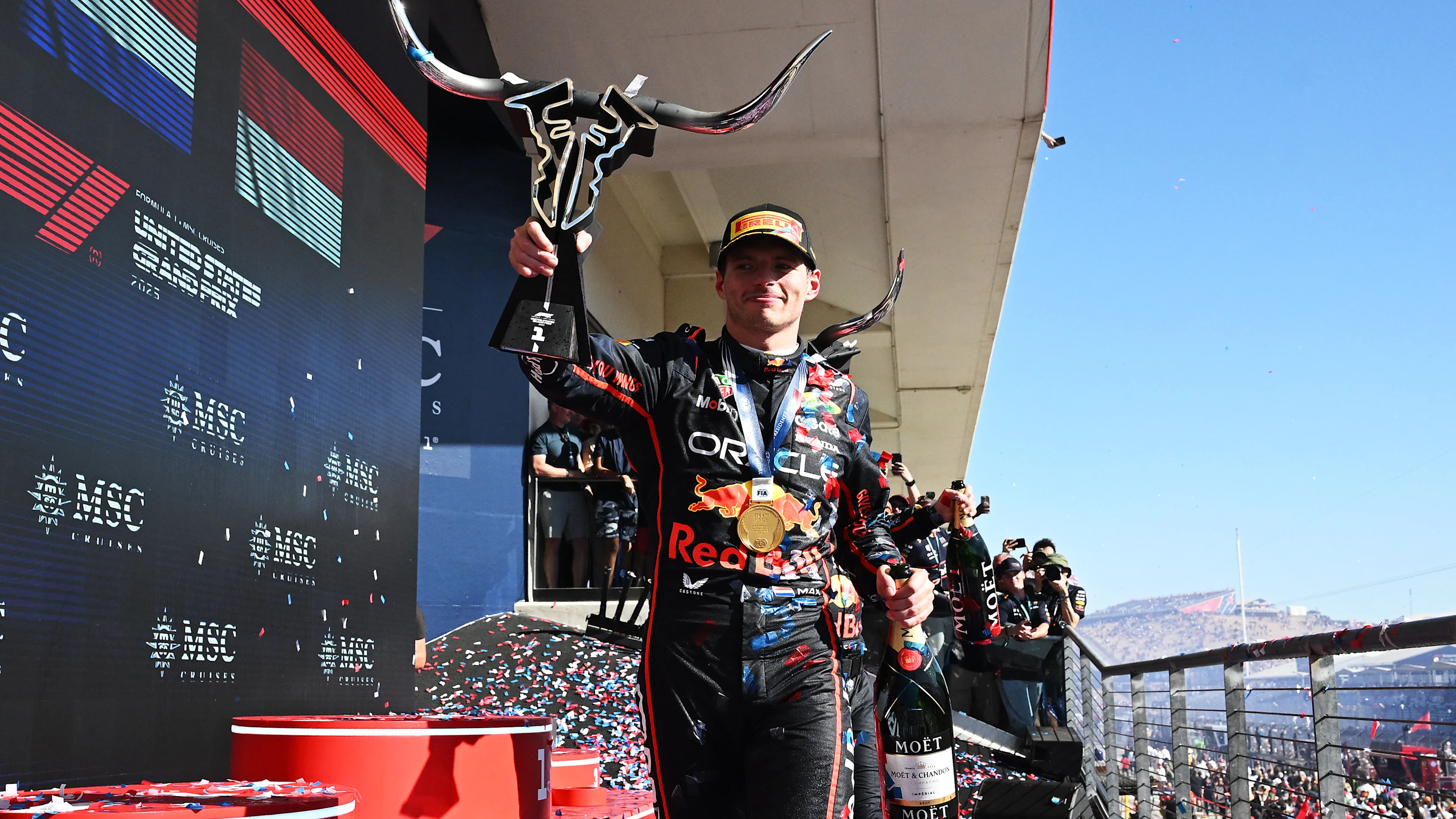 AUSTIN, TEXAS - OCTOBER 19: Race winner Max Verstappen of the Netherlands and Oracle Red Bull