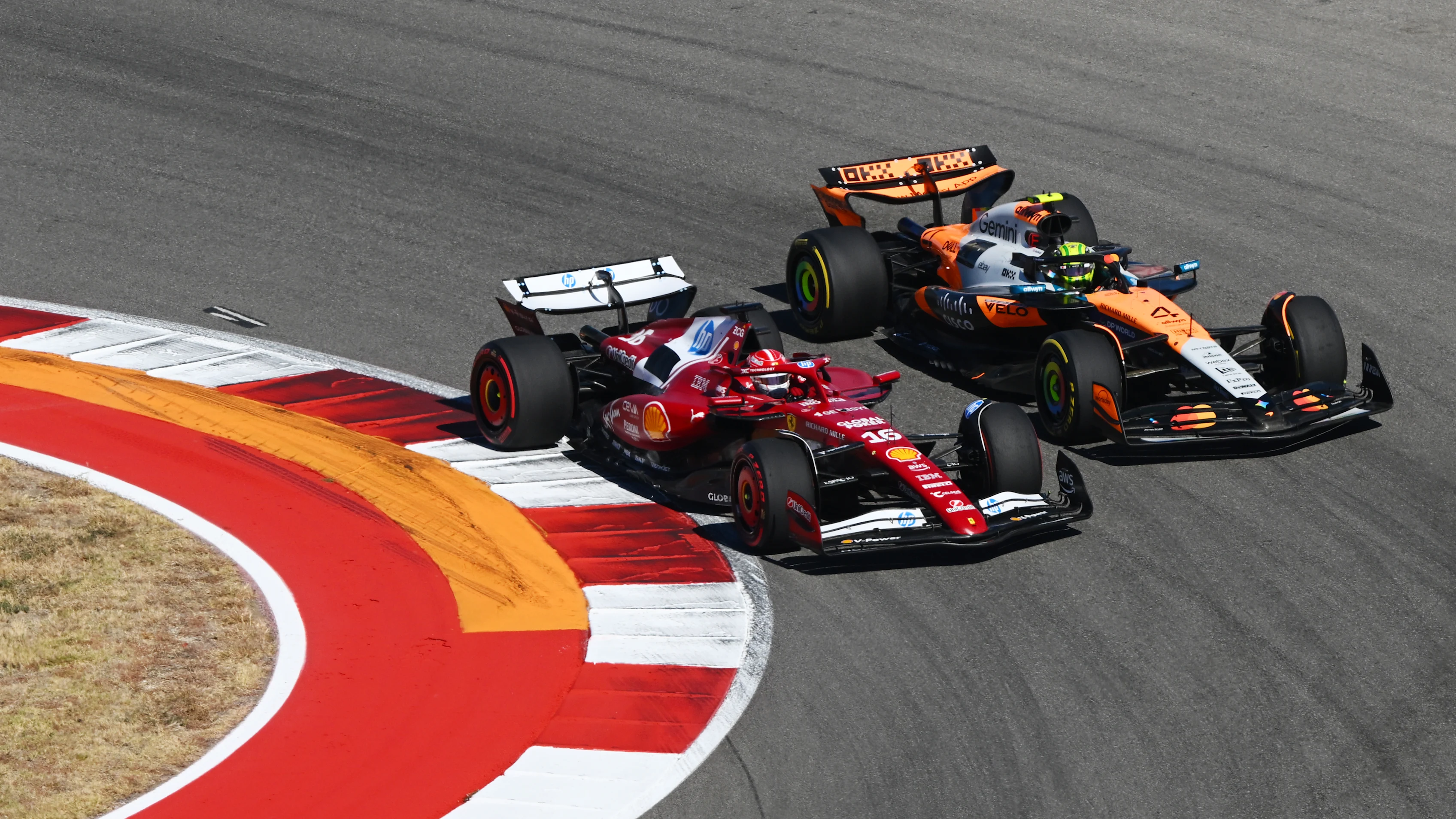 AUSTIN, TEXAS - OCTOBER 19: Charles Leclerc of Monaco driving the (16) Scuderia Ferrari SF-25 leads