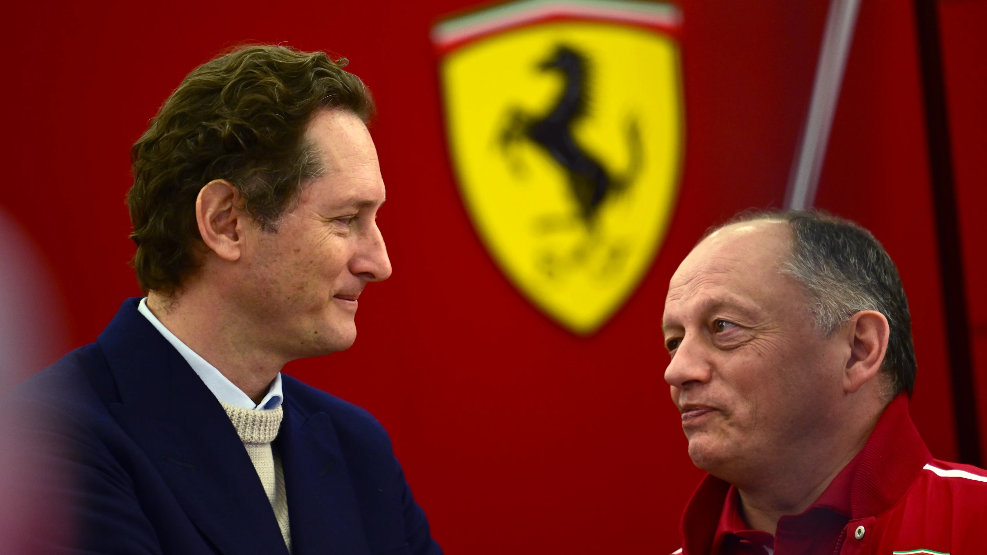 BAHRAIN, BAHRAIN - FEBRUARY 27: John Elkann, Chairman and CEO of Ferrari and Frederic Vasseur, Team