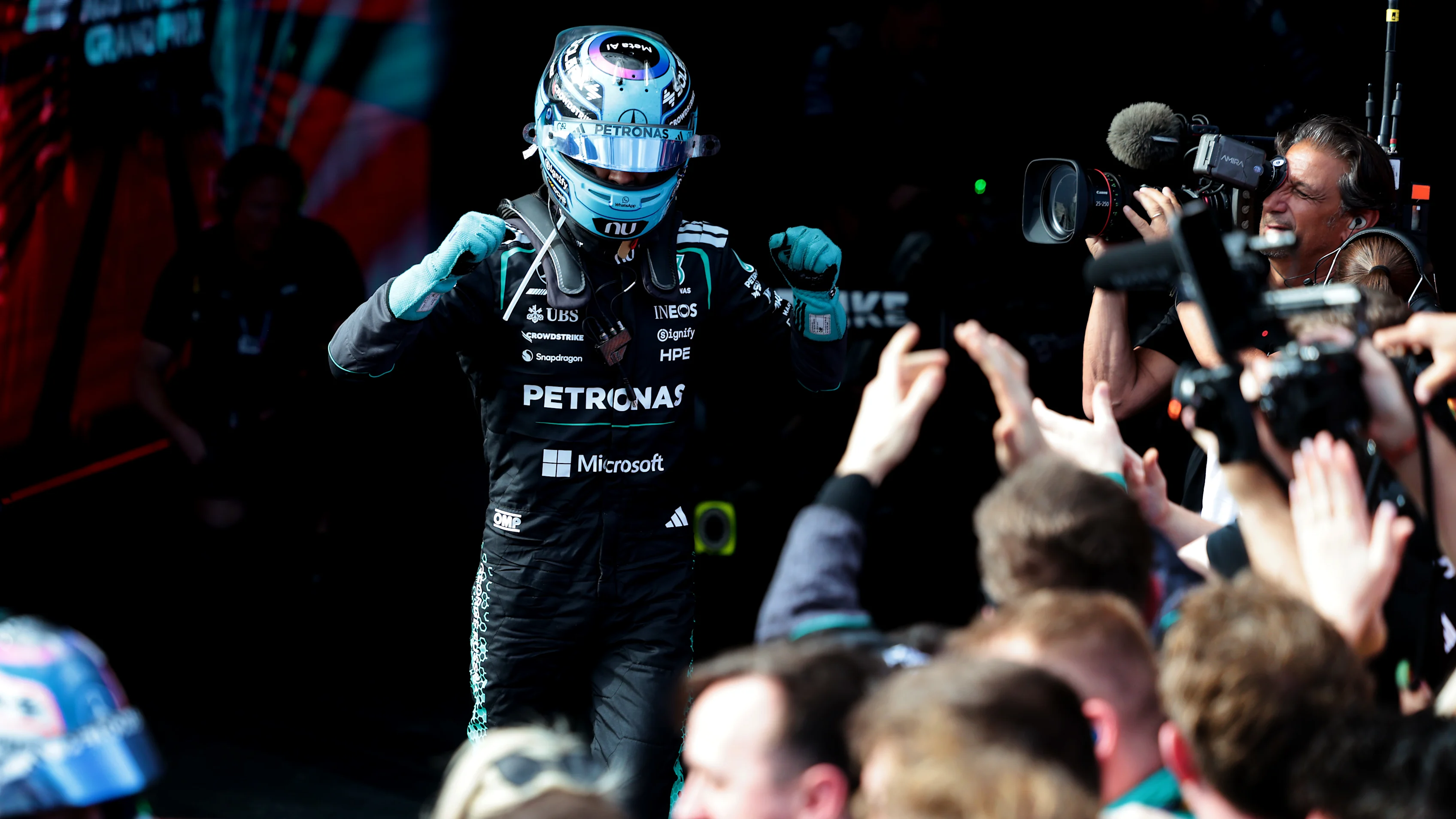 MELBOURNE, AUSTRALIA - MARCH 08: Race winner George Russell of Great Britain and Mercedes AMG Petronas F1 Team celebrates on arrival in parc ferme during the F1 Grand Prix of Australia at Albert Park Grand Prix Circuit on March 08, 2026 in Melbourne, Australia. (Photo by Anni Graf - Formula 1/Formula 1 via Getty Images)