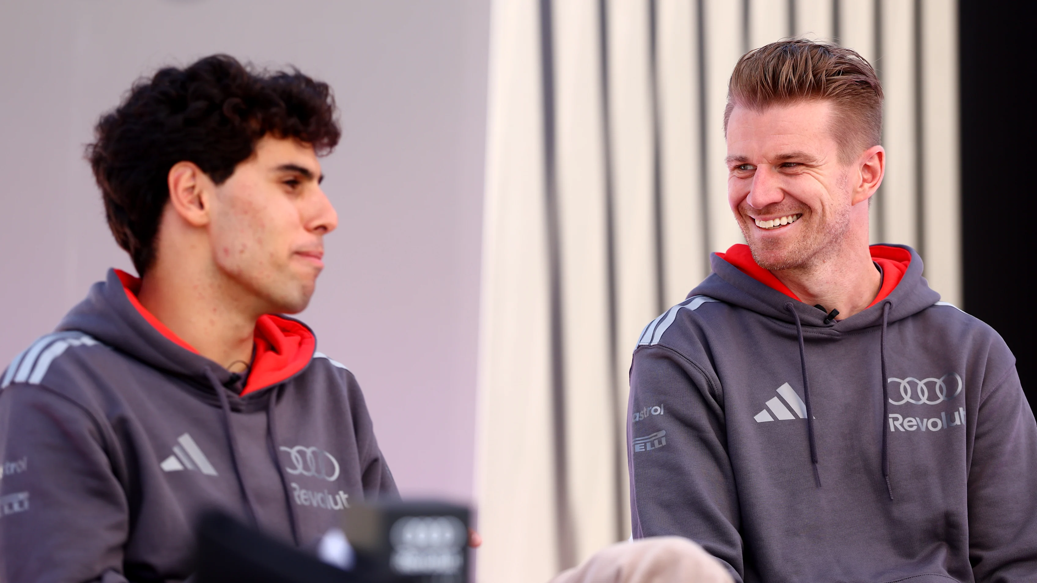 MELBOURNE, AUSTRALIA - MARCH 05: Gabriel Bortoleto of Brazil and Audi F1 Team and Nico Hulkenberg