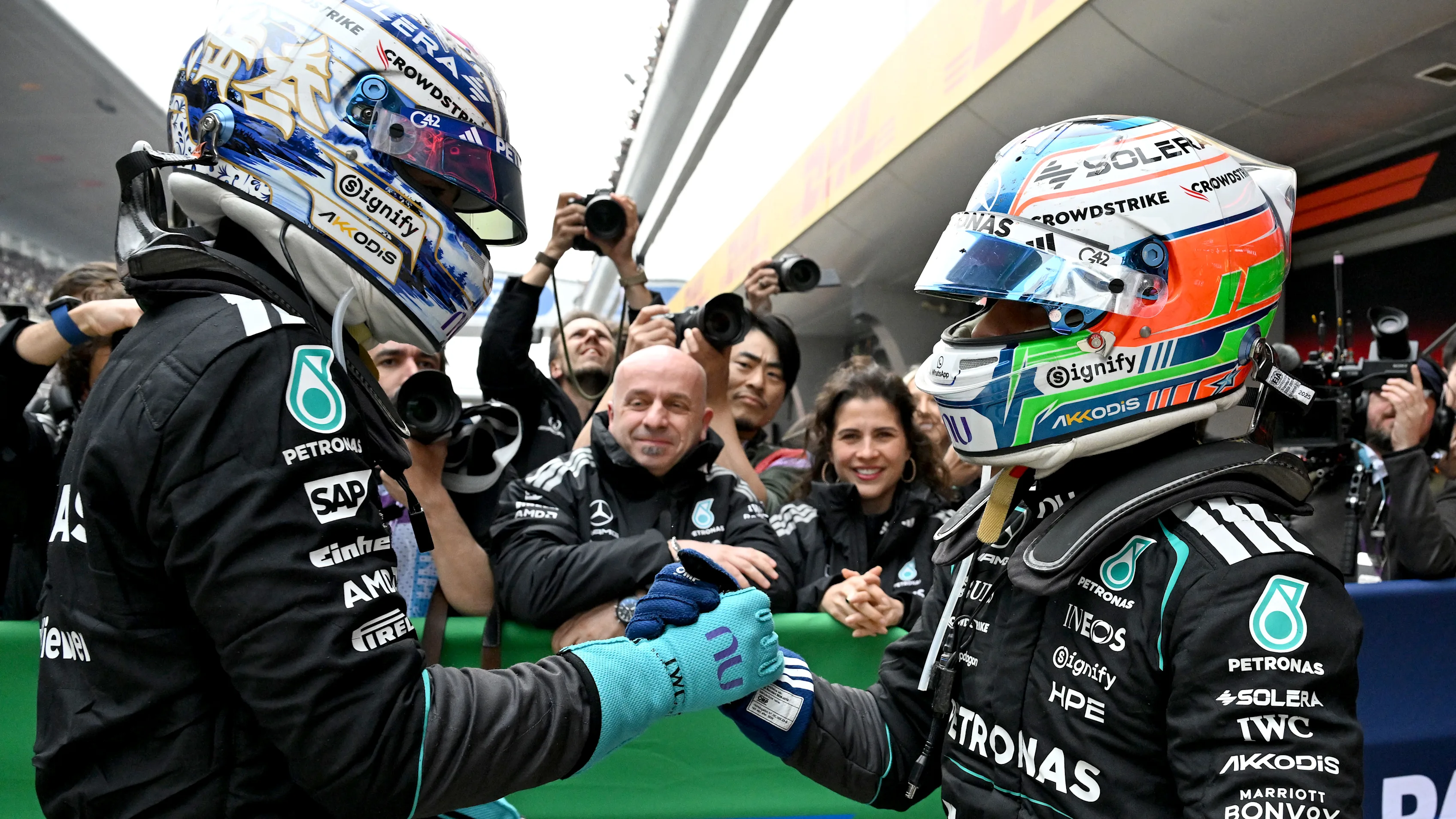 SHANGHAI, CHINA - MARCH 15: Race winner Andrea Kimi Antonelli of Italy and Mercedes AMG Petronas F1