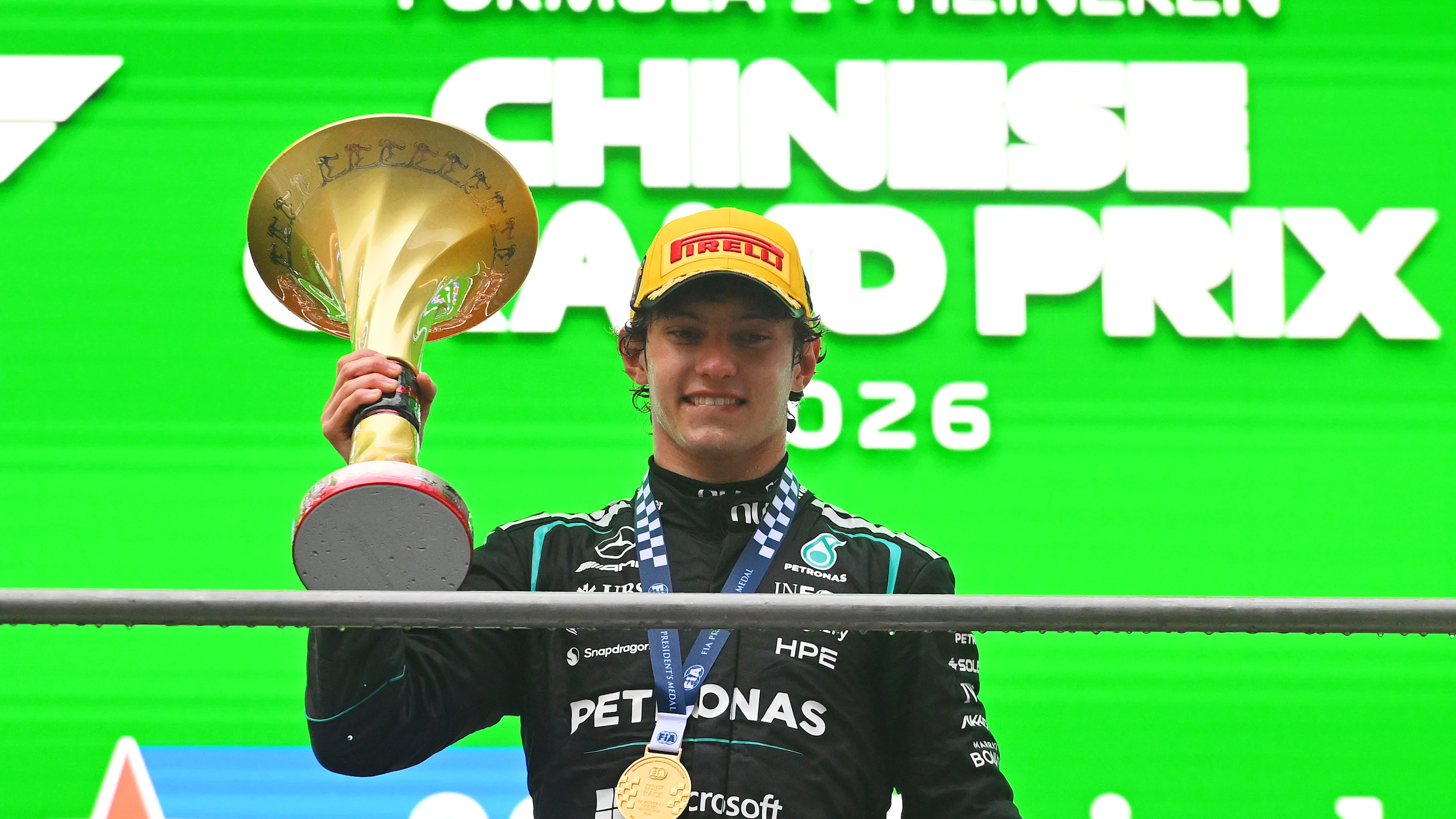 SHANGHAI, CHINA - MARCH 15: Race winner Andrea Kimi Antonelli of Italy and Mercedes AMG Petronas F1