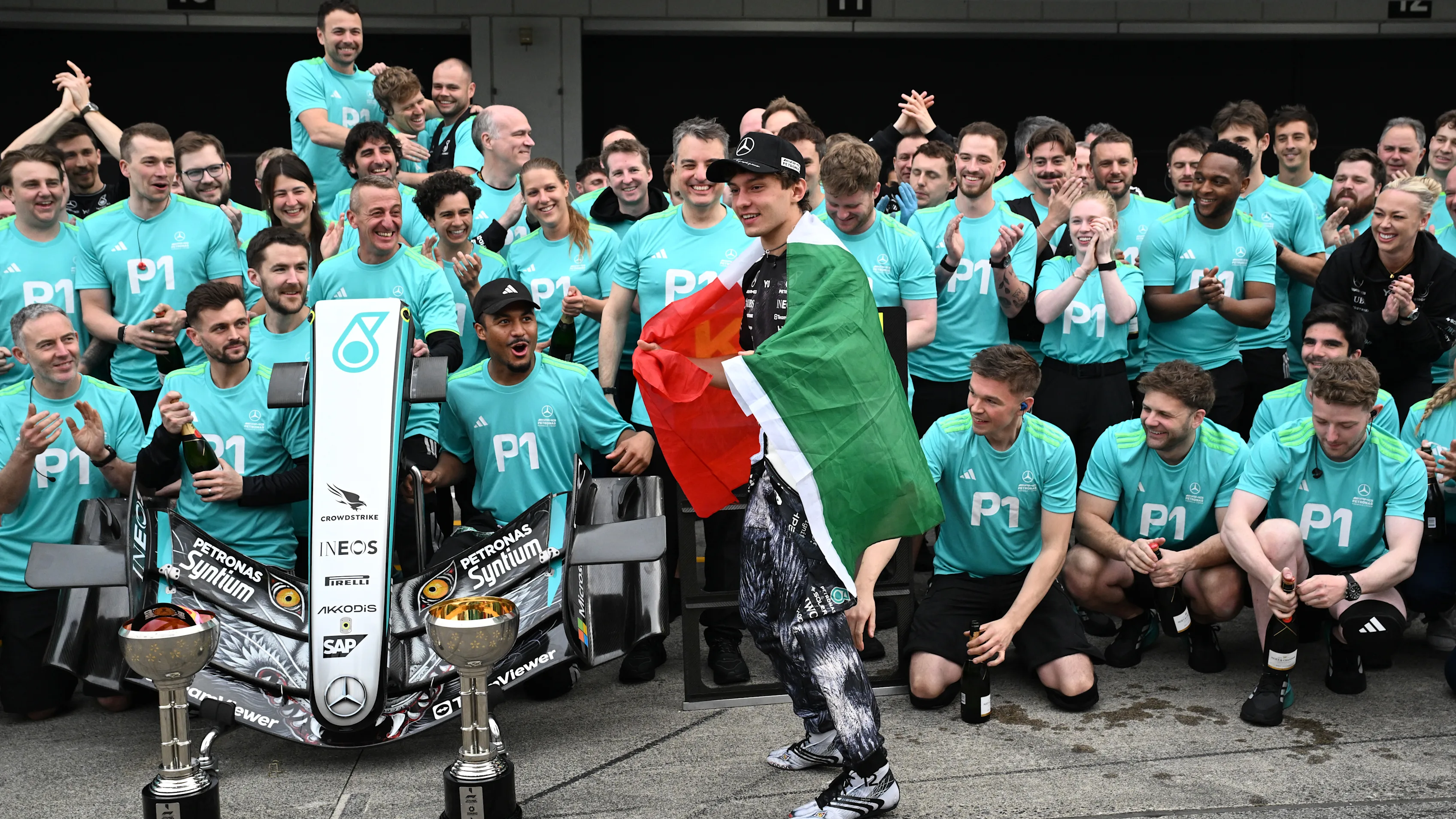 SUZUKA, JAPAN - MARCH 29: Race winner Andrea Kimi Antonelli of Italy and Mercedes AMG Petronas F1