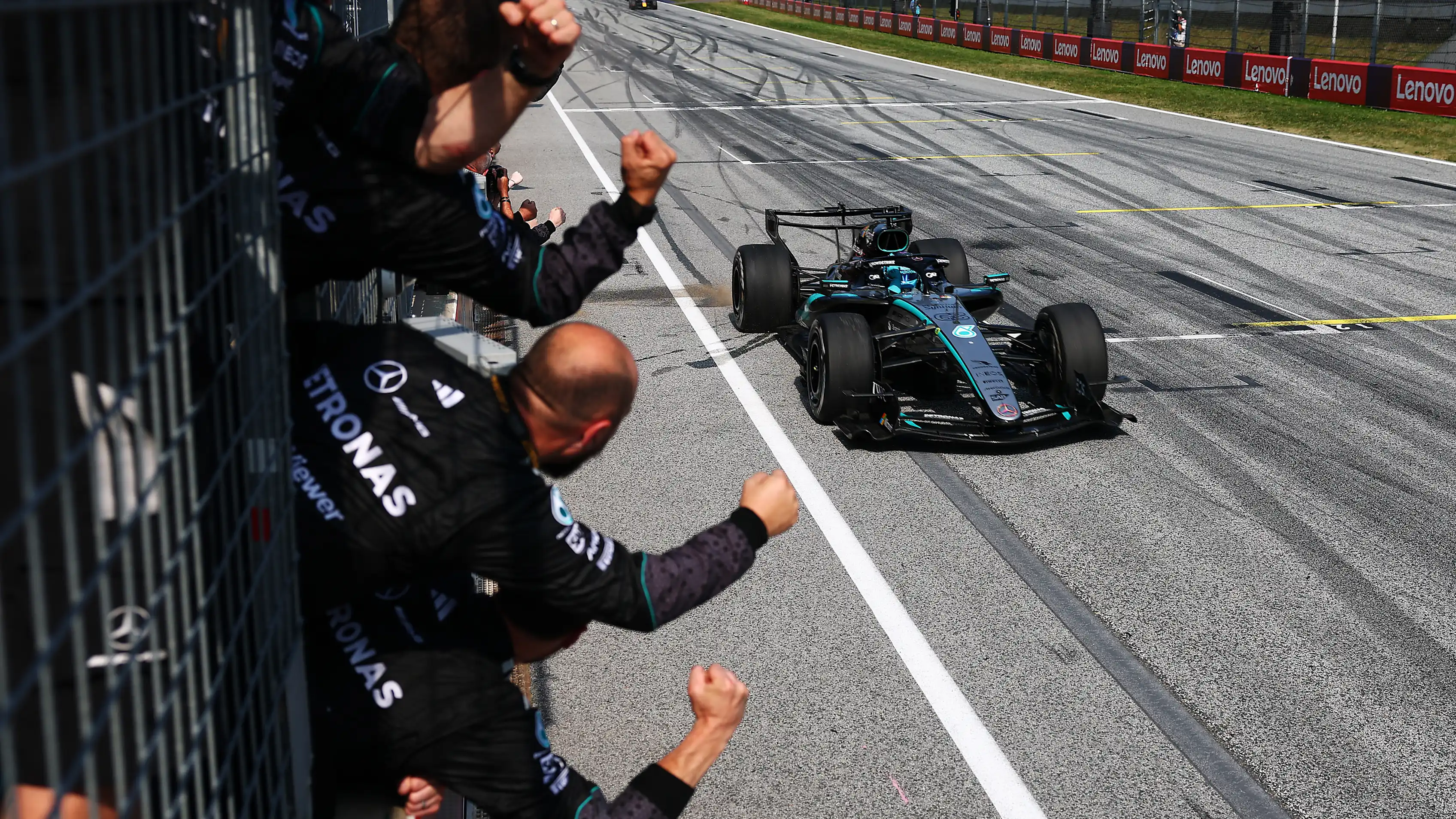 SPIELBERG, AUSTRIA - JUNE 28: Race winner George Russell of Great Britain driving the (63) Mercedes