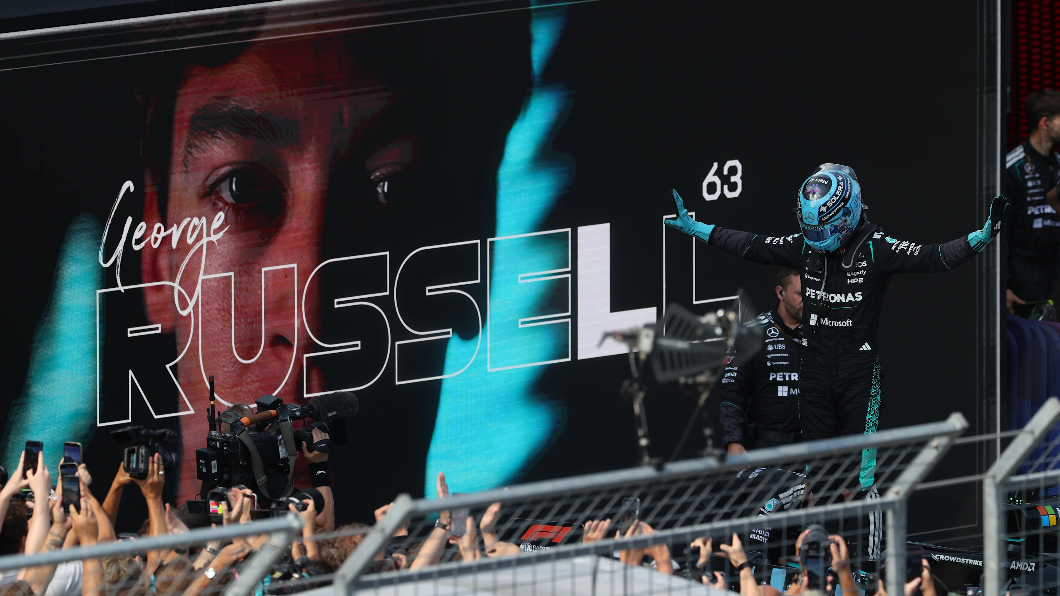 SPIELBERG, AUSTRIA - JUNE 28: Race winner George Russell of Great Britain and Mercedes AMG Petronas