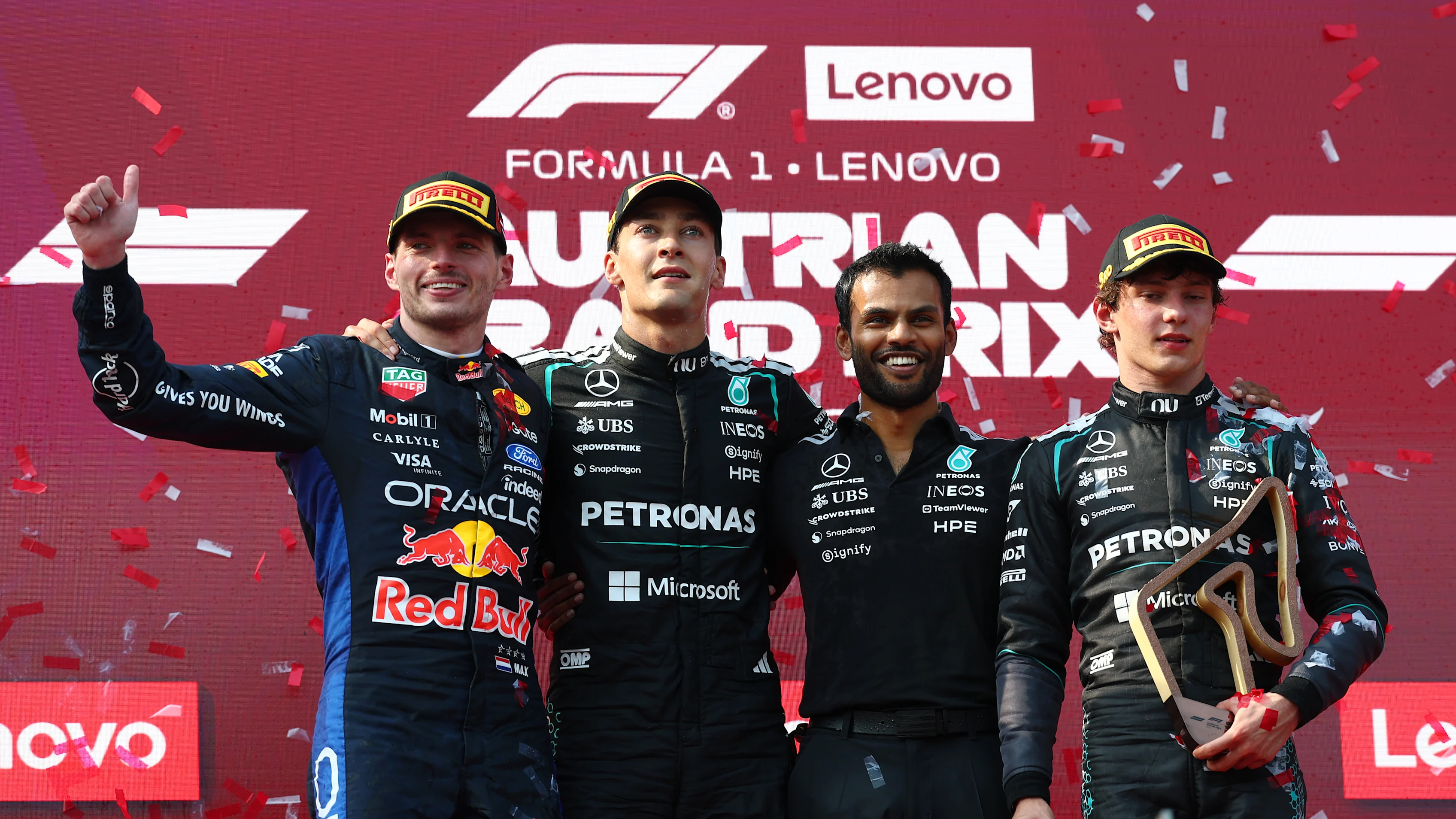 SPIELBERG, AUSTRIA - JUNE 28: Race winner George Russell of Great Britain and Mercedes AMG Petronas