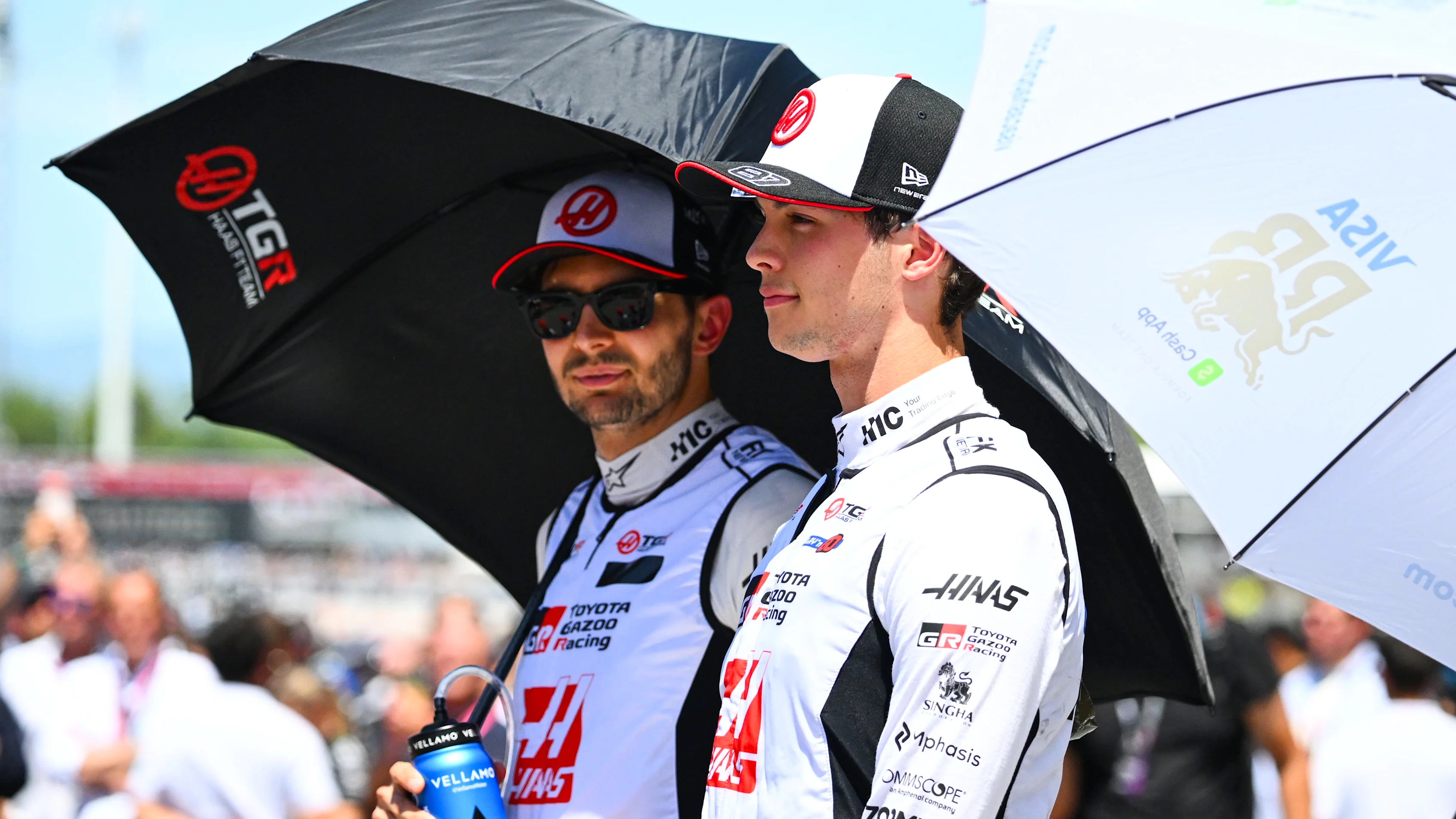BARCELONA, SPAIN - JUNE 14: Esteban Ocon of France and Haas F1 and Oliver Bearman of Great Britain