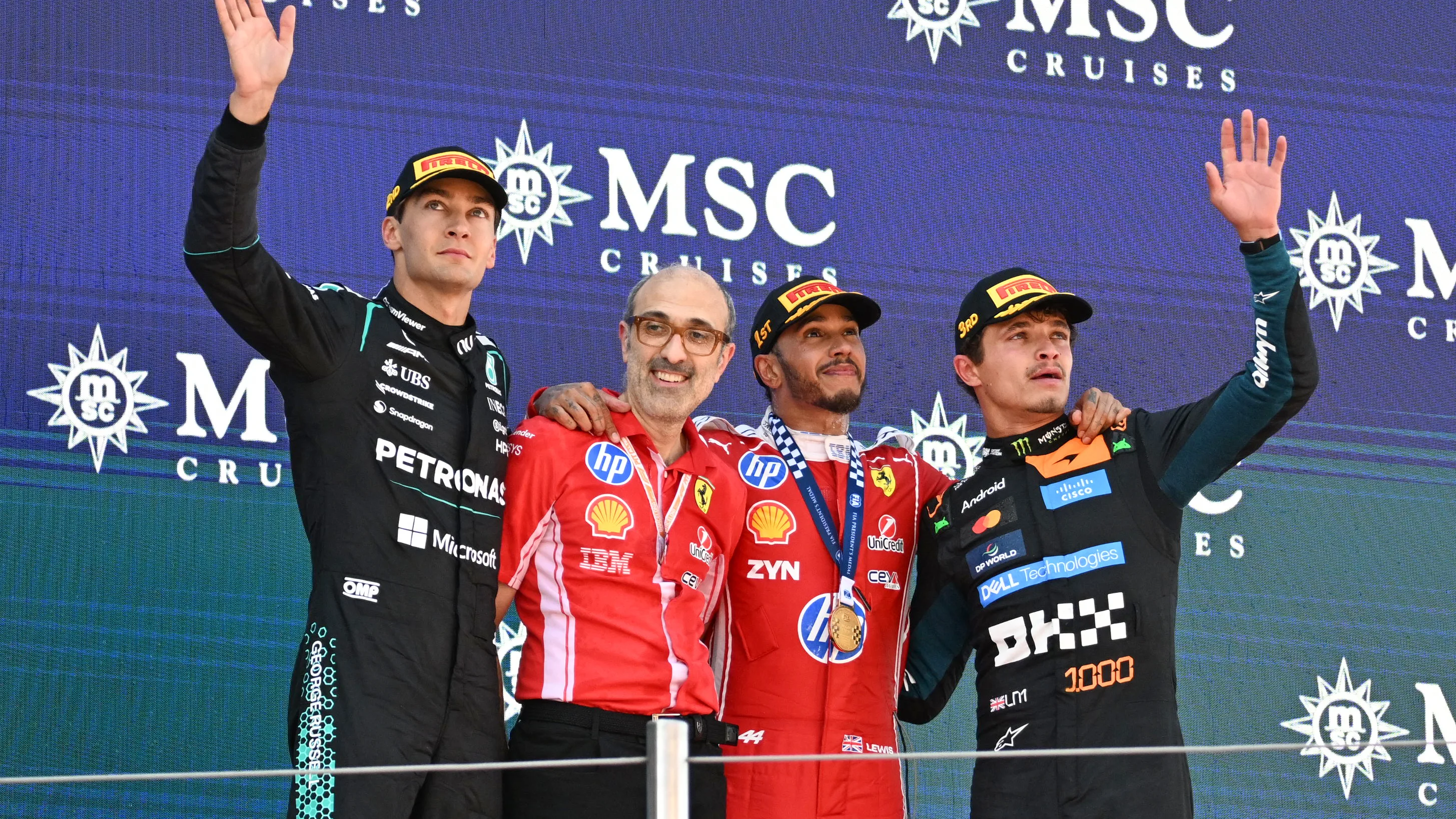 BARCELONA, SPAIN - JUNE 14: Race winner Lewis Hamilton of Great Britain and Scuderia Ferrari Second