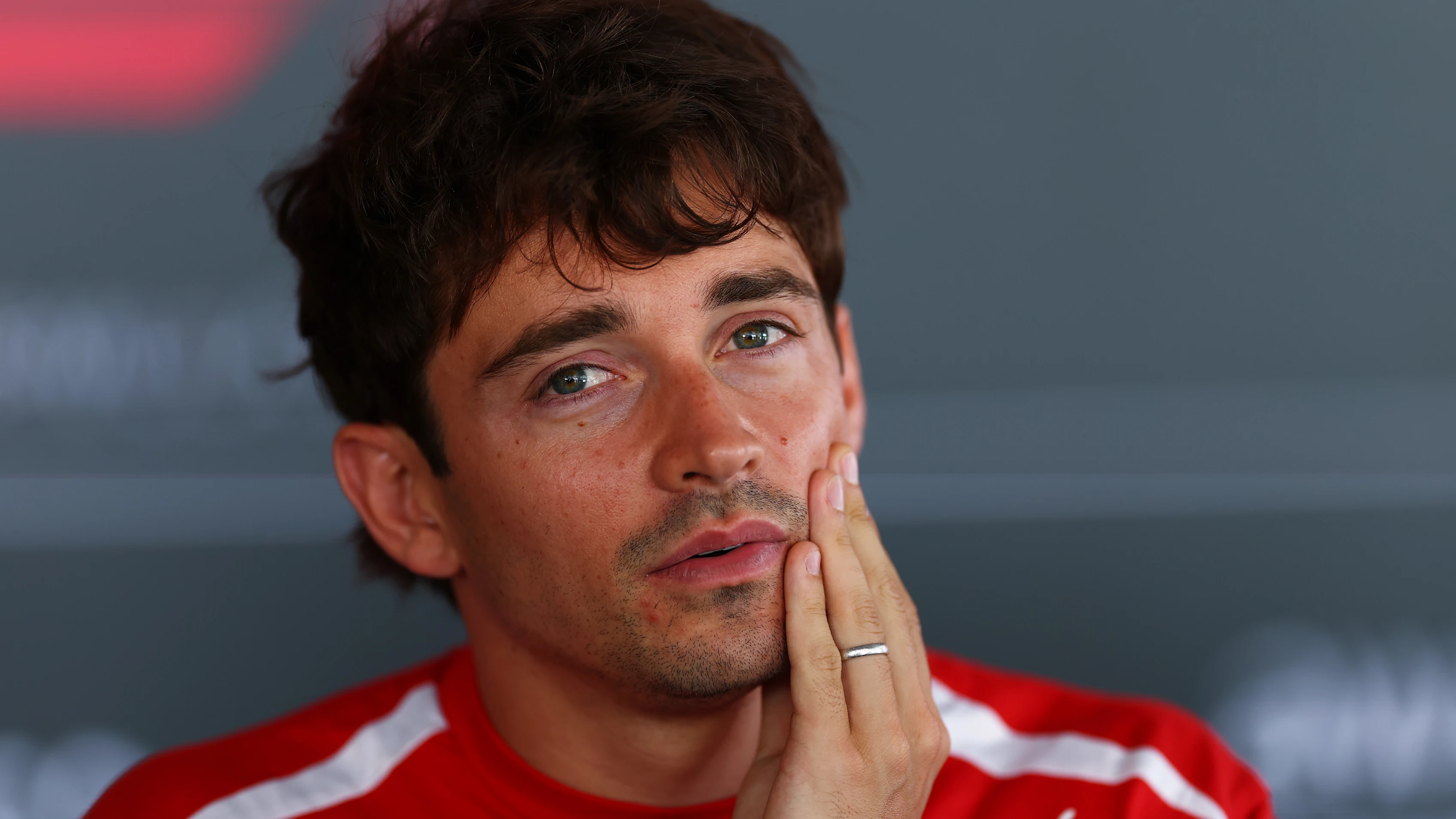 BARCELONA, SPAIN - JUNE 11: Charles Leclerc of Monaco and Scuderia Ferrari talks to the media