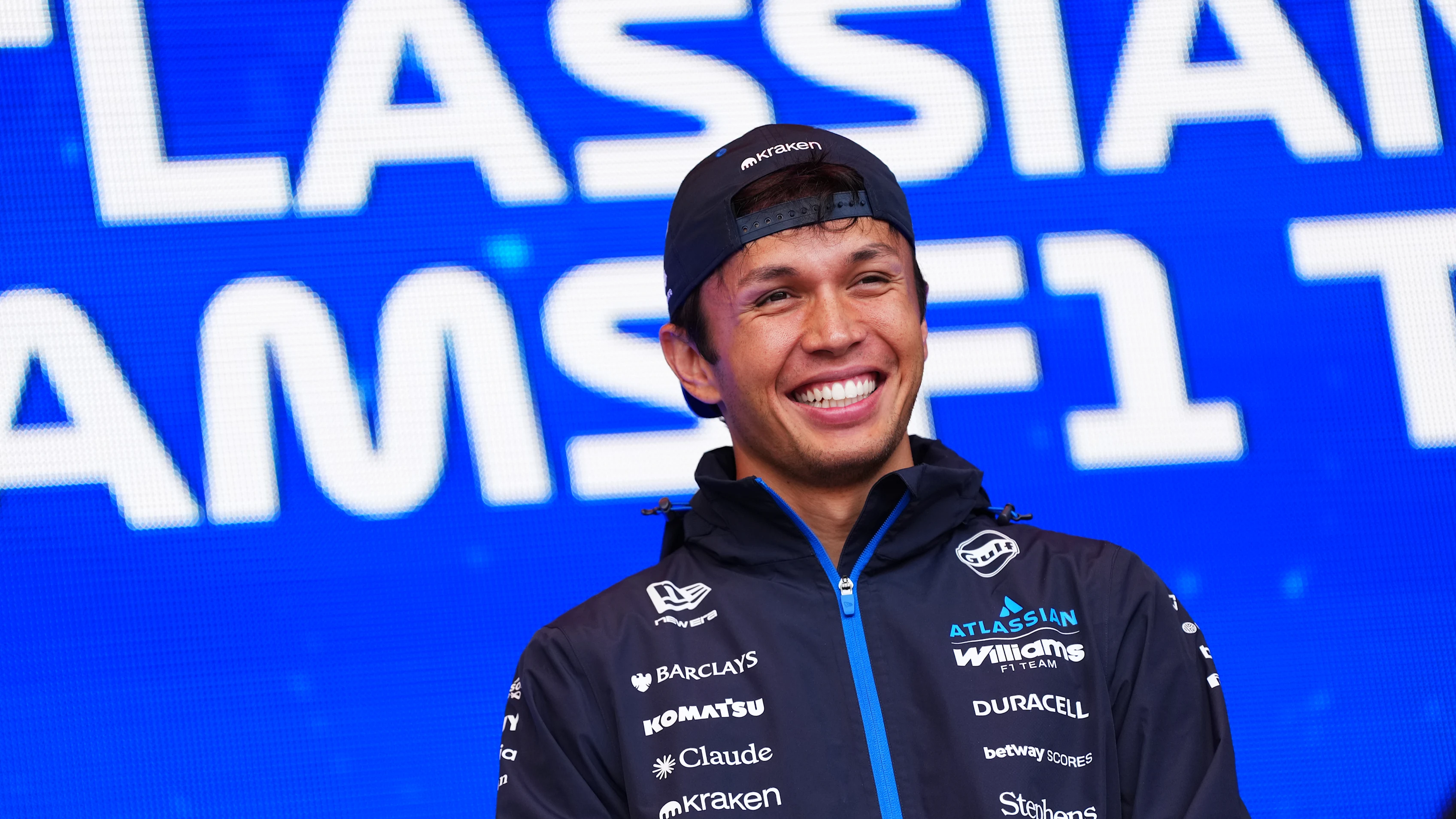 SPA, BELGIUM - JULY 18: Alexander Albon of Thailand and Williams on stage prior to final practice