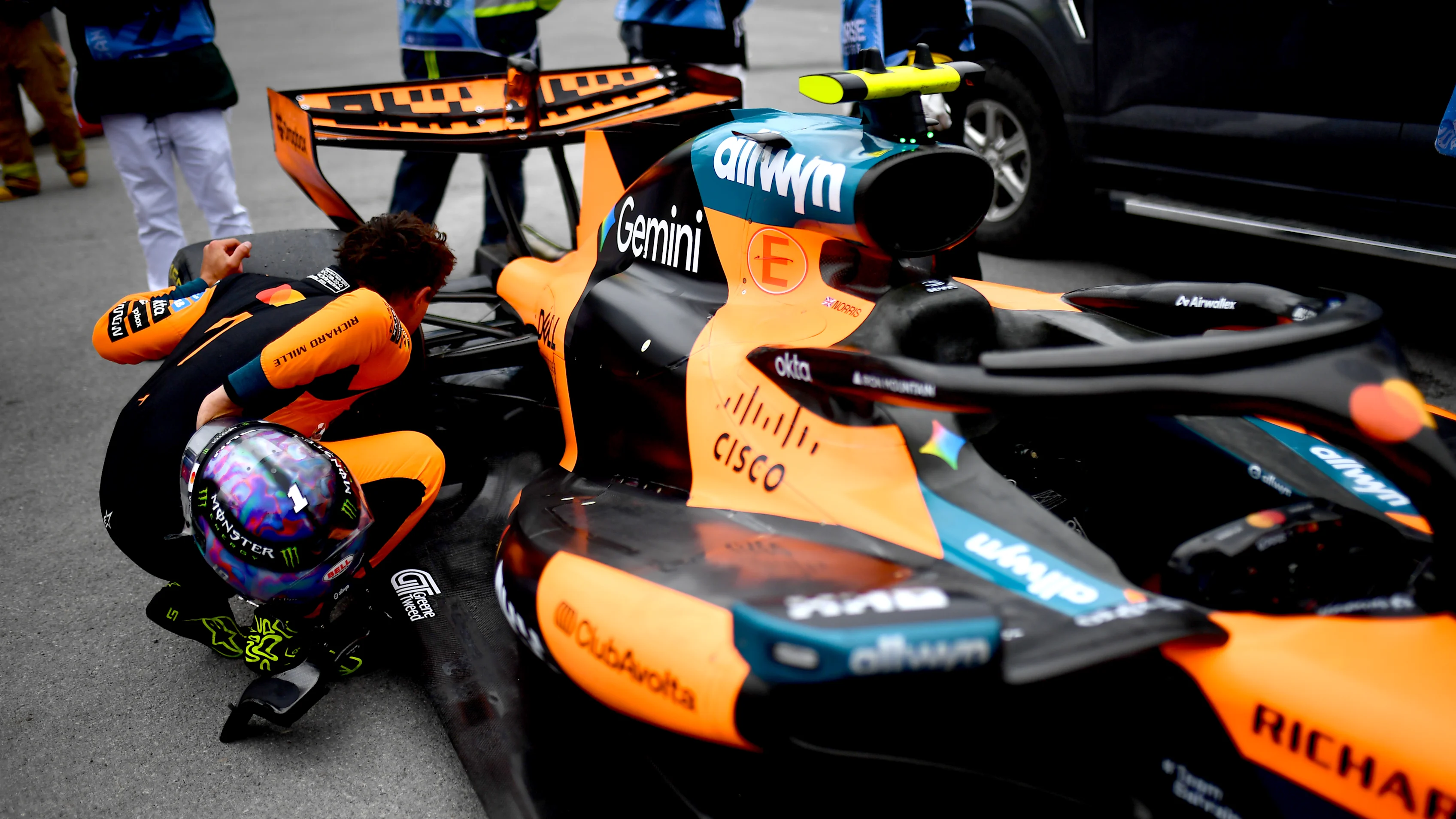 MONTREAL, QUEBEC - MAY 24: Lando Norris of Great Britain and McLaren inspects his car after retiring during the F1 Grand Prix of Canada at Circuit Gilles-Villeneuve on May 24, 2026 in Montreal, Quebec. (Photo by James Sutton - Formula 1/Formula 1 via Getty Images)