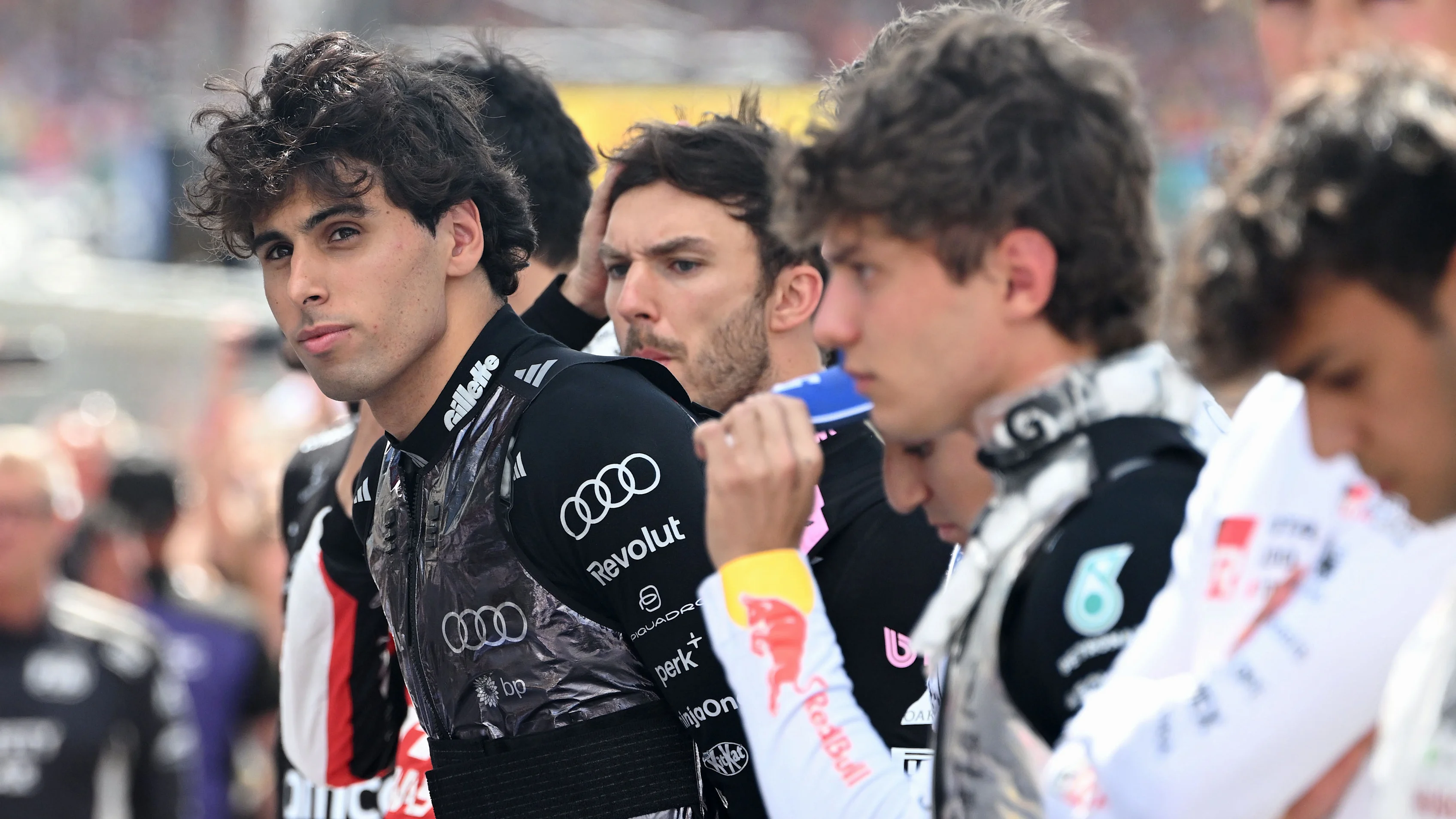 NORTHAMPTON, ENGLAND - JULY 05: Gabriel Bortoleto of Brazil and Audi F1 Team on the grid during the
