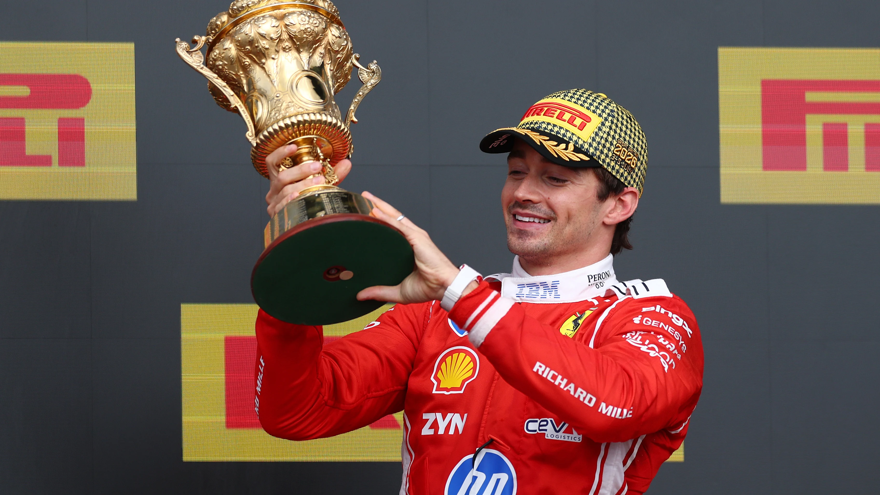 NORTHAMPTON, ENGLAND - JULY 05: Race winner Charles Leclerc of Monaco and Scuderia Ferrari lifts