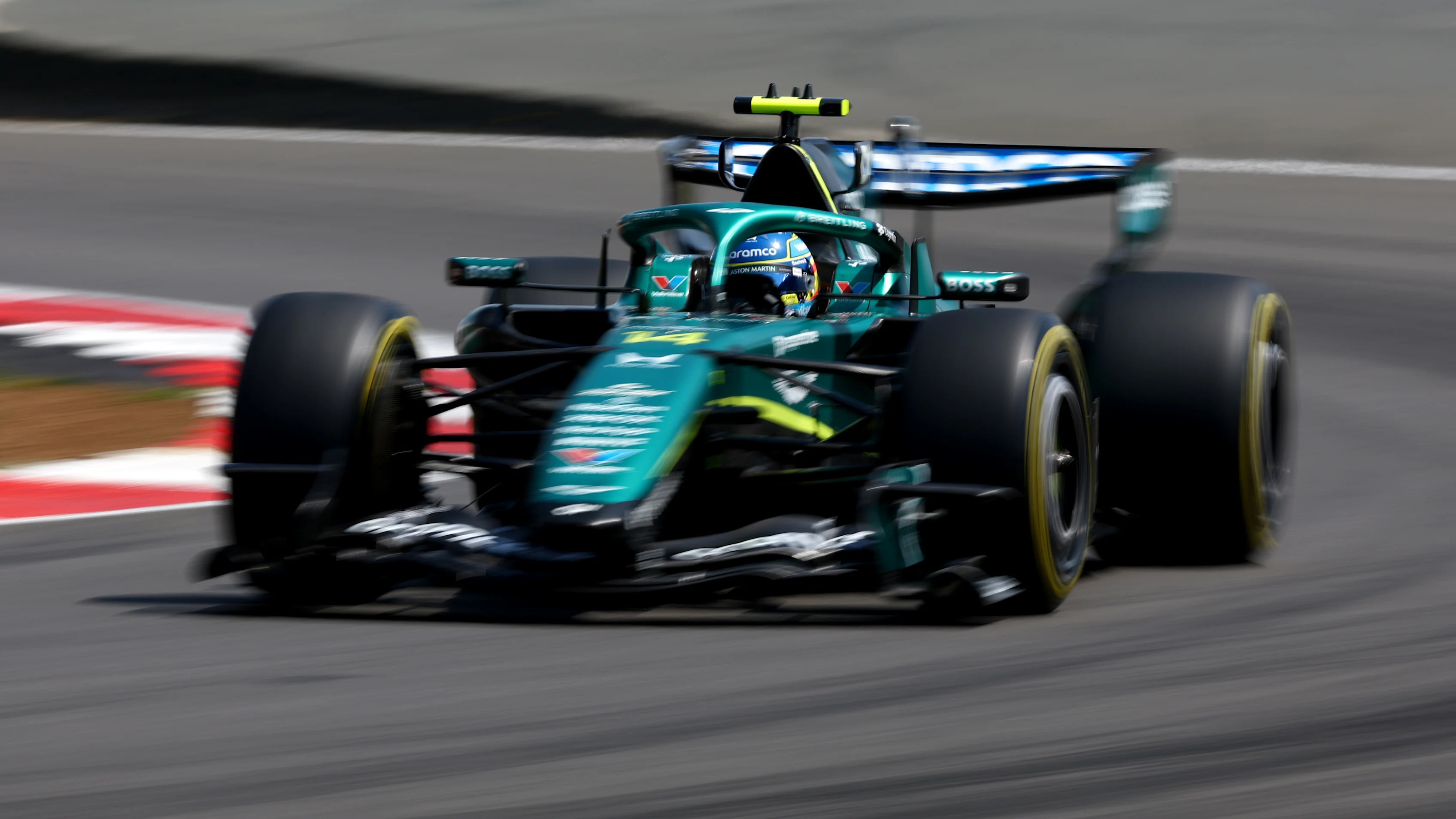 NORTHAMPTON, ENGLAND - JULY 03: Fernando Alonso of Spain driving the (14) Aston Martin F1 Team