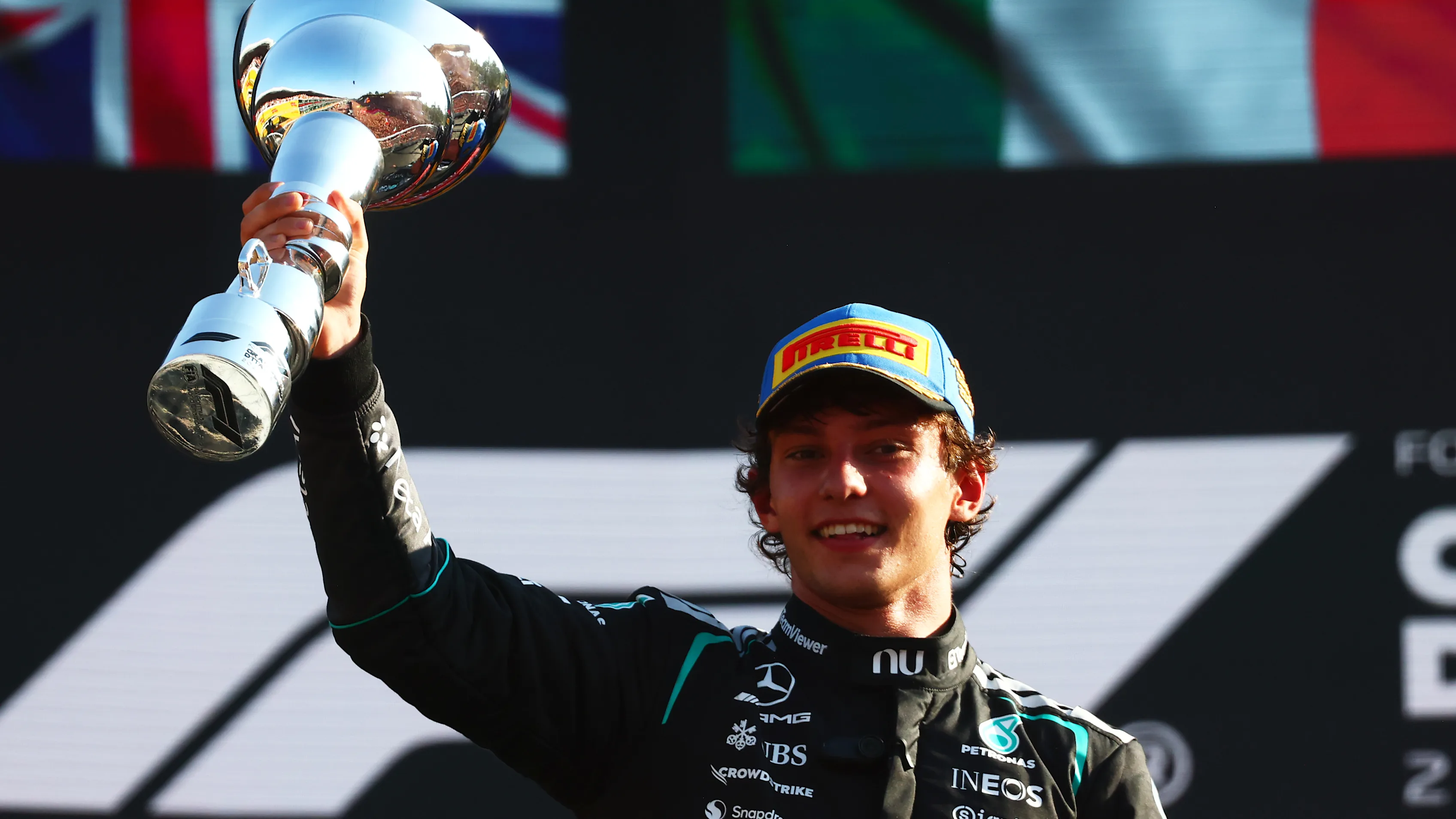MONZA, ITALY - SEPTEMBER 06: Race winner Andrea Kimi Antonelli of Italy and Mercedes AMG Petronas