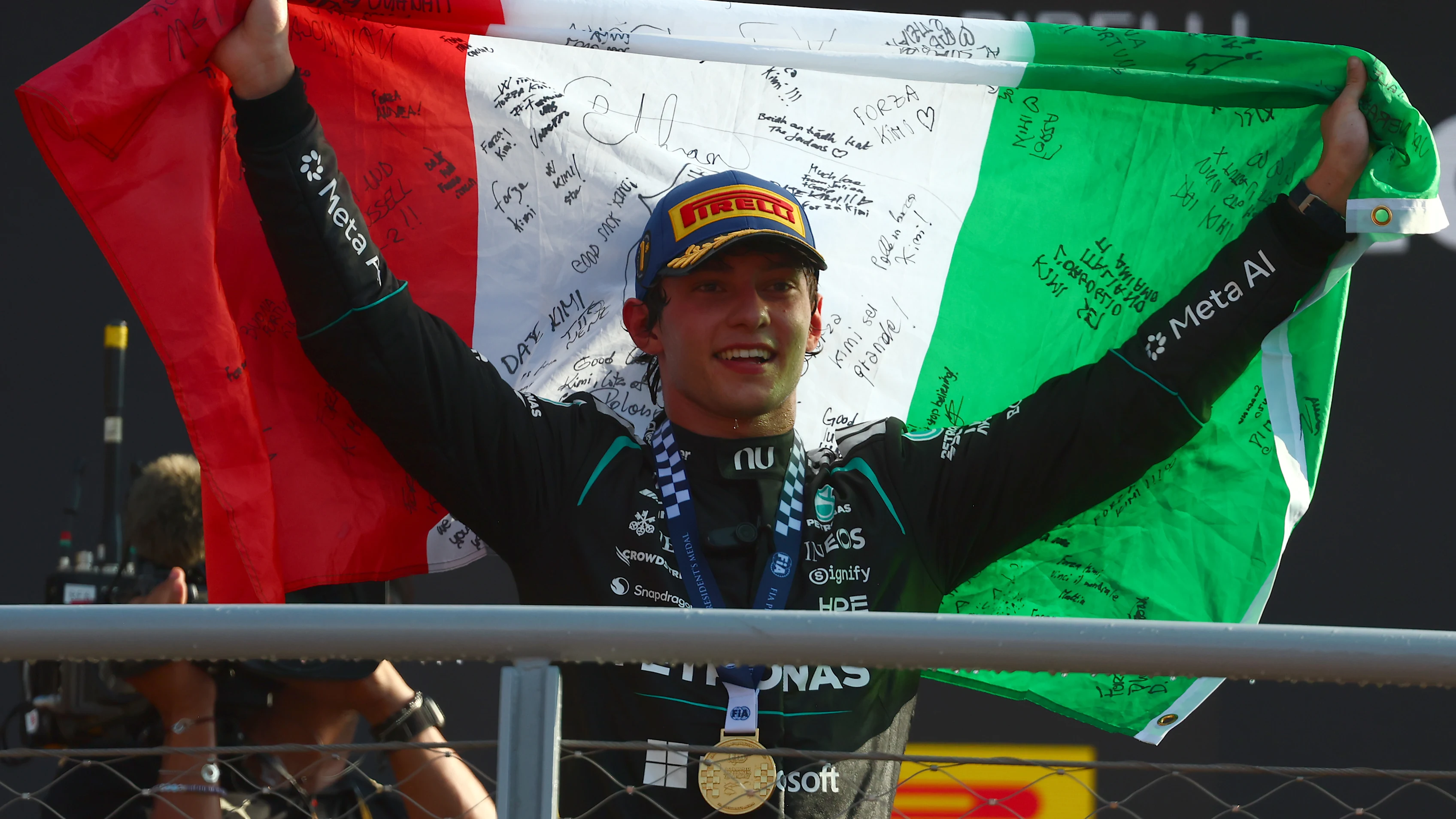 MONZA, ITALY - SEPTEMBER 06: Race winner Andrea Kimi Antonelli of Italy and Mercedes AMG Petronas