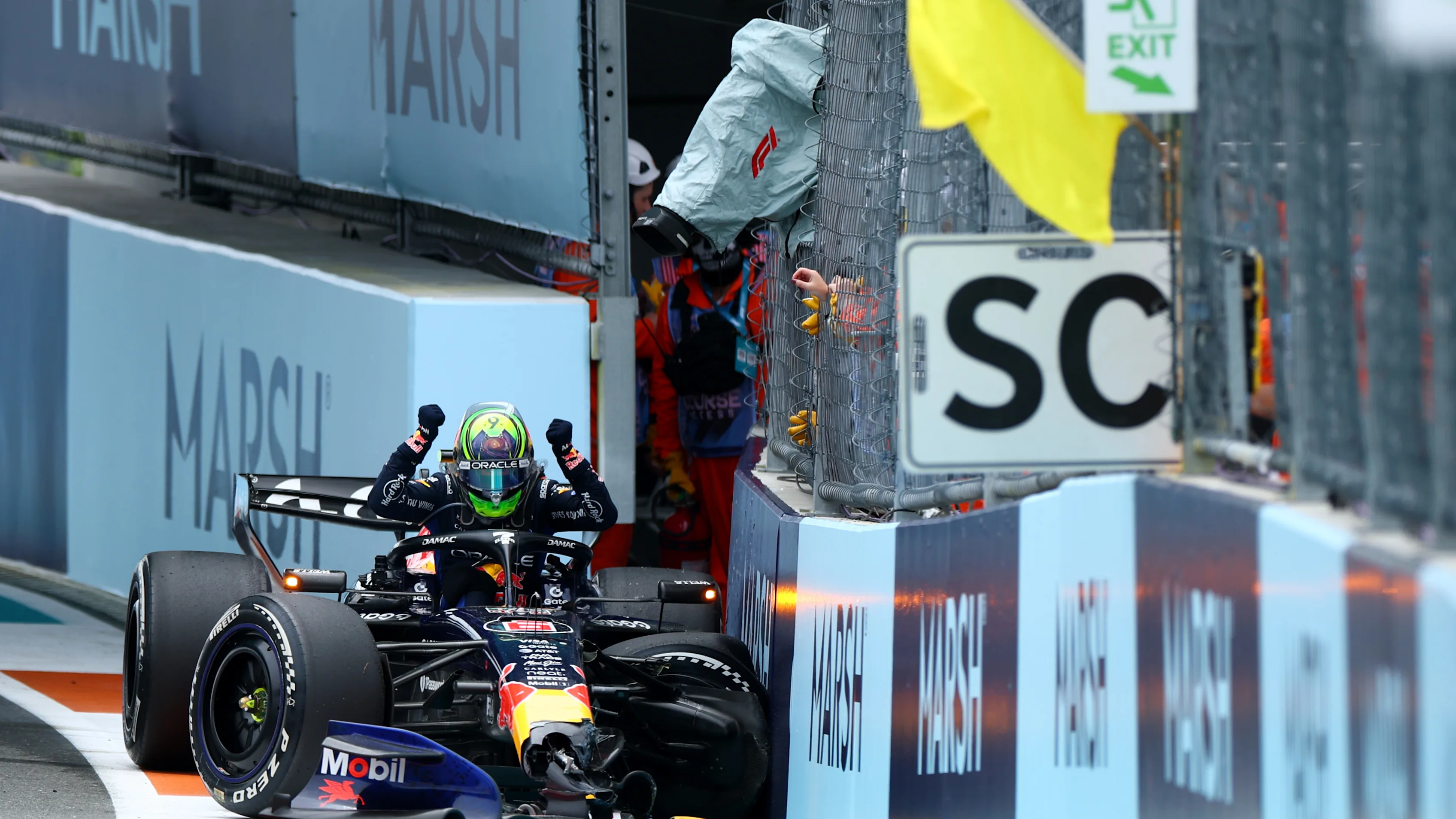 MIAMI, FLORIDA - MAY 03: Isack Hadjar of France and Oracle Red Bull Racing climbs out of his