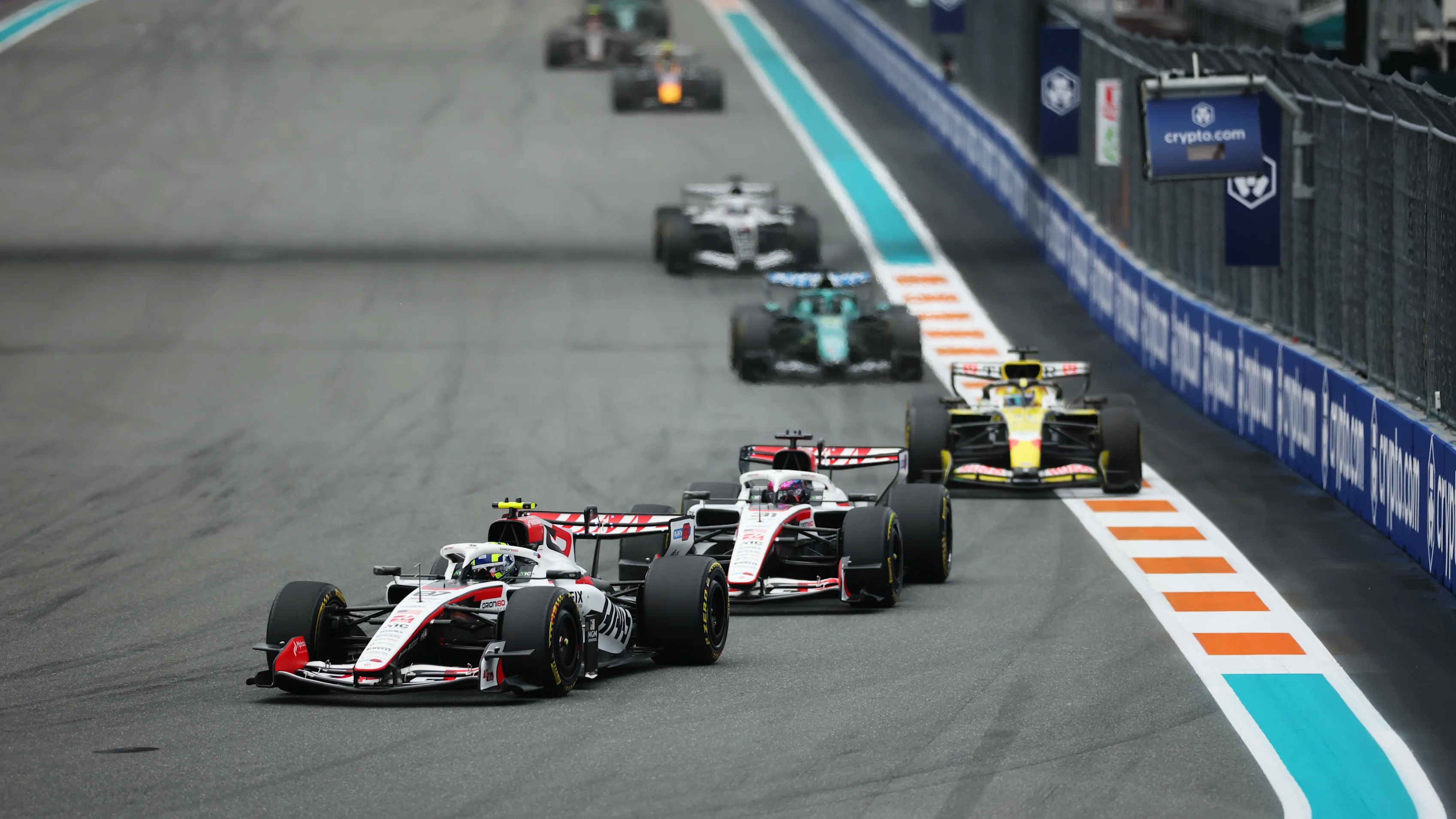 MIAMI, FLORIDA - MAY 03: Oliver Bearman of Great Britain driving the (87) Haas F1 VF-26 Ferrari leads Esteban Ocon of France driving the (31) Haas F1 VF-26 Ferrari on track during the F1 Grand Prix of Miami at Miami International Autodrome on May 03, 2026 in Miami, Florida. (Photo by Hector Vivas - Formula 1/Formula 1 via Getty Images)