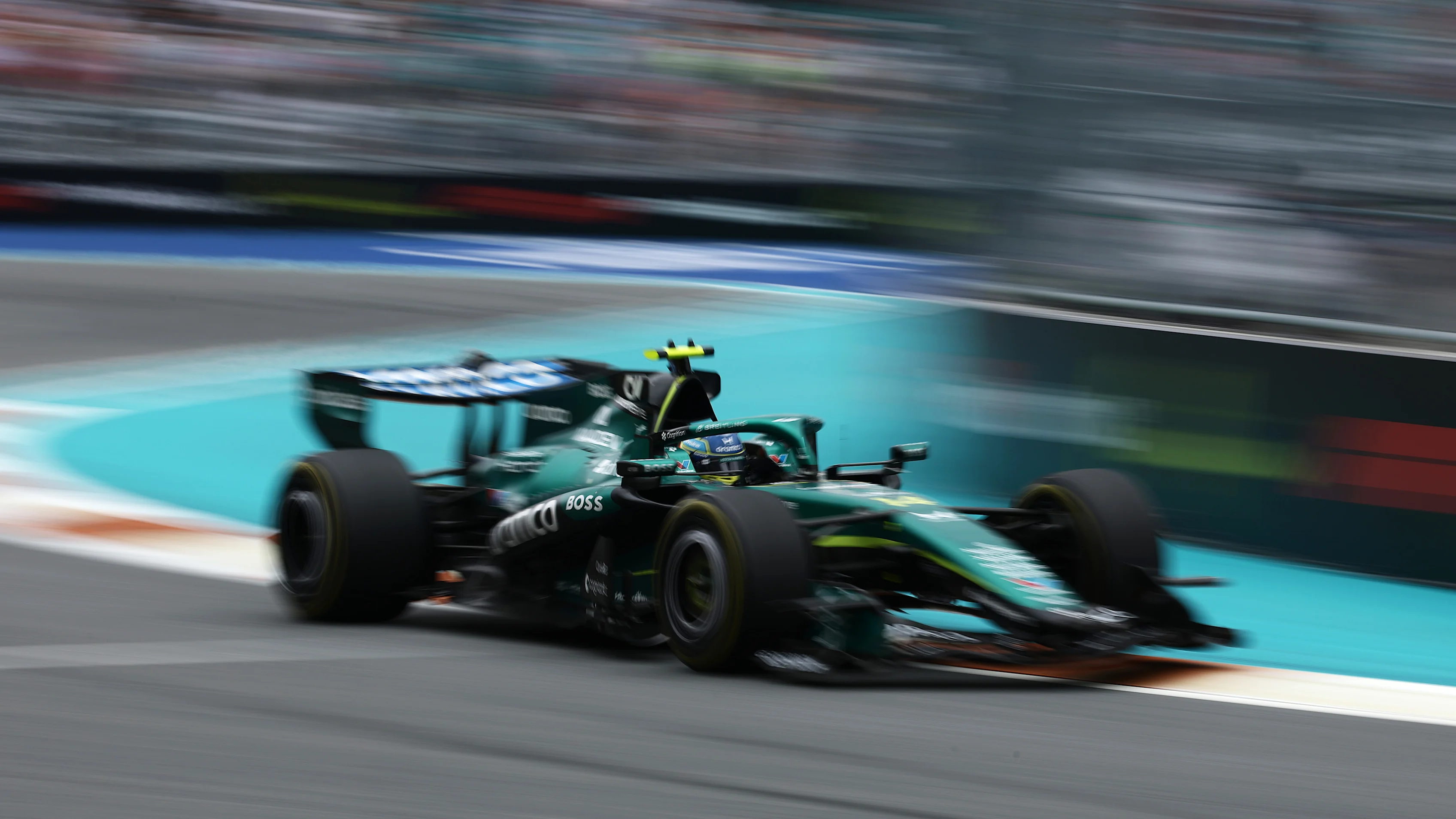 MIAMI, FLORIDA - MAY 03: Fernando Alonso of Spain driving the (14) Aston Martin F1 Team AMR26 Honda on track during the F1 Grand Prix of Miami at Miami International Autodrome on May 03, 2026 in Miami, Florida. (Photo by Mark Thompson/Getty Images)