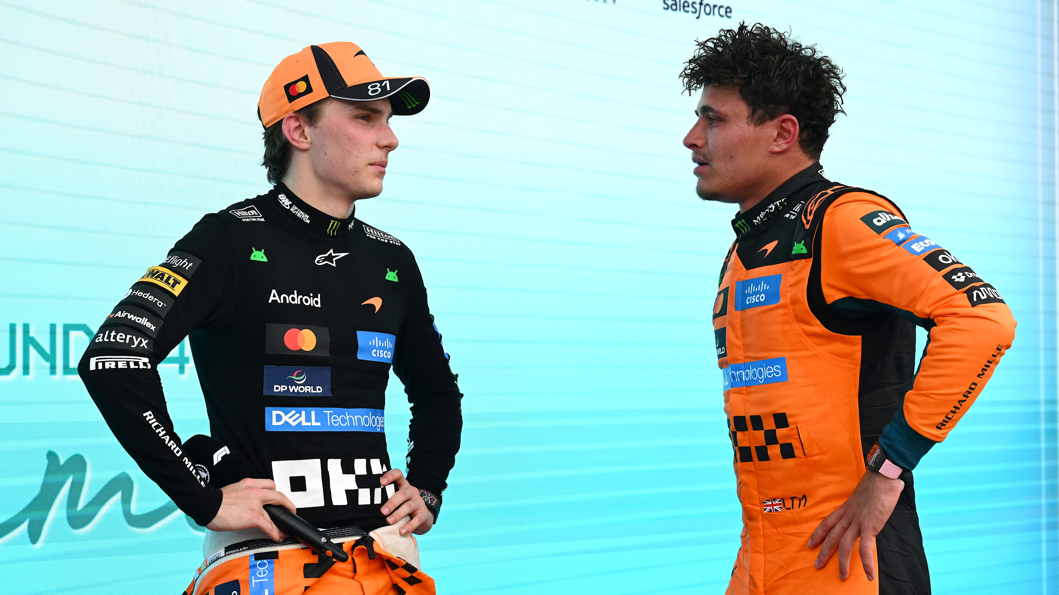 MIAMI, FLORIDA - MAY 03: Second placed Lando Norris of Great Britain and McLaren and Third placed