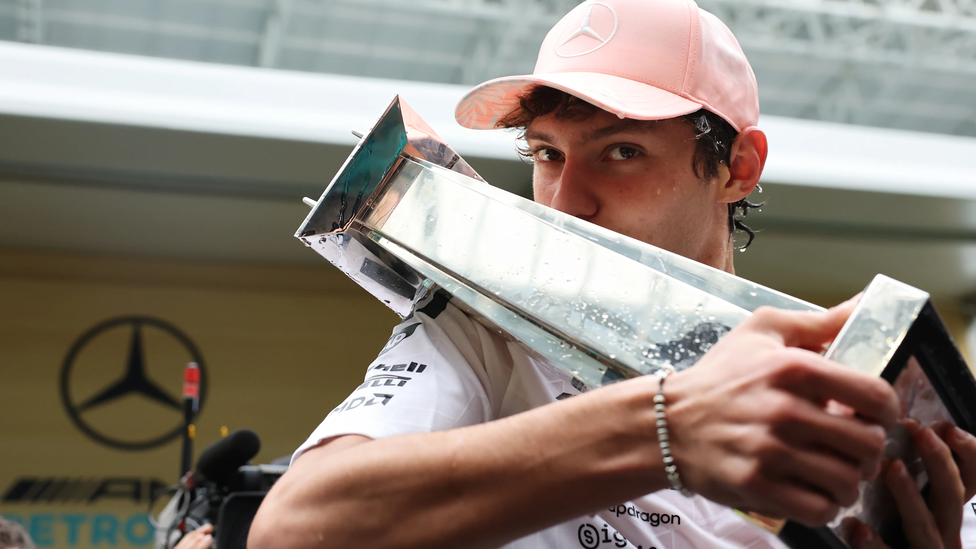MIAMI, FLORIDA - MAY 03: Race winner Andrea Kimi Antonelli of Italy and Mercedes AMG Petronas F1 Team celebrates with his team after the F1 Grand Prix of Miami at Miami International Autodrome on May 03, 2026 in Miami, Florida. (Photo by Hector Vivas - Formula 1/Formula 1 via Getty Images)