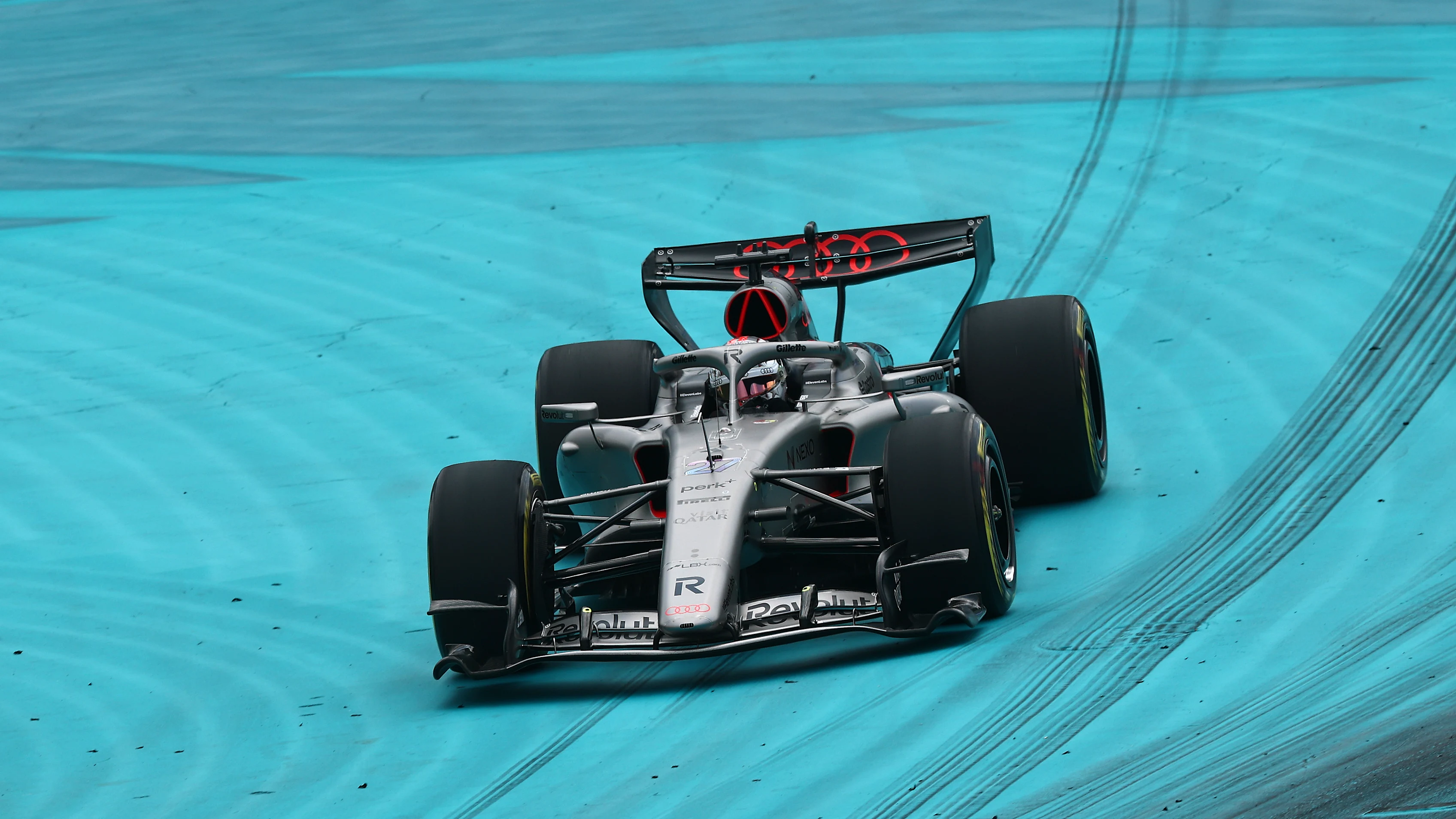 MIAMI, FLORIDA - MAY 02: Nico Hulkenberg of Germany driving the (27) Audi F1 Team R26 stops on his way to the grid prior to the Sprint ahead of the F1 Grand Prix of Miami at Miami International Autodrome on May 02, 2026 in Miami, Florida. (Photo by Chris Graythen/Getty Images)