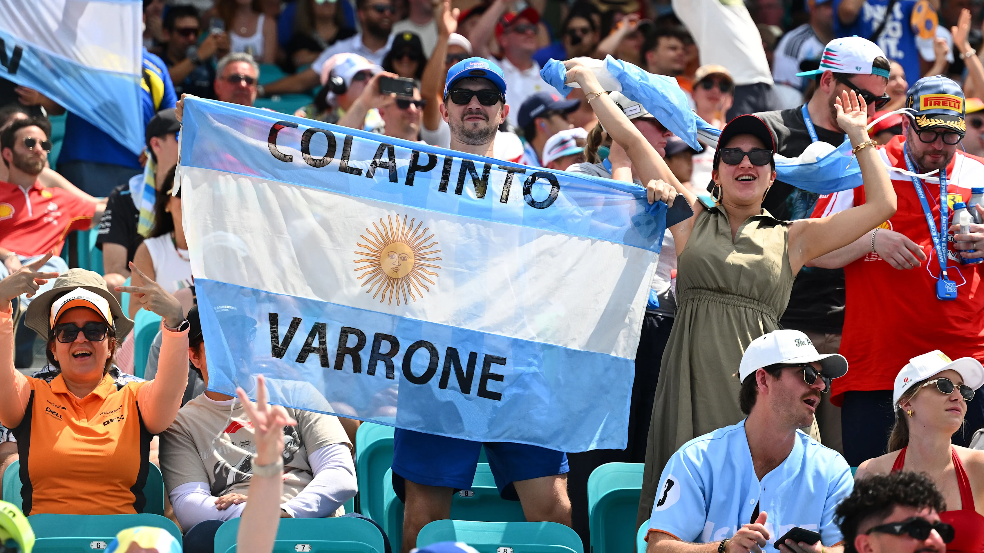 MIAMI, FLORIDA - MAY 02: Fans of Franco Colapinto of Argentina and Alpine F1 in a grandstand during
