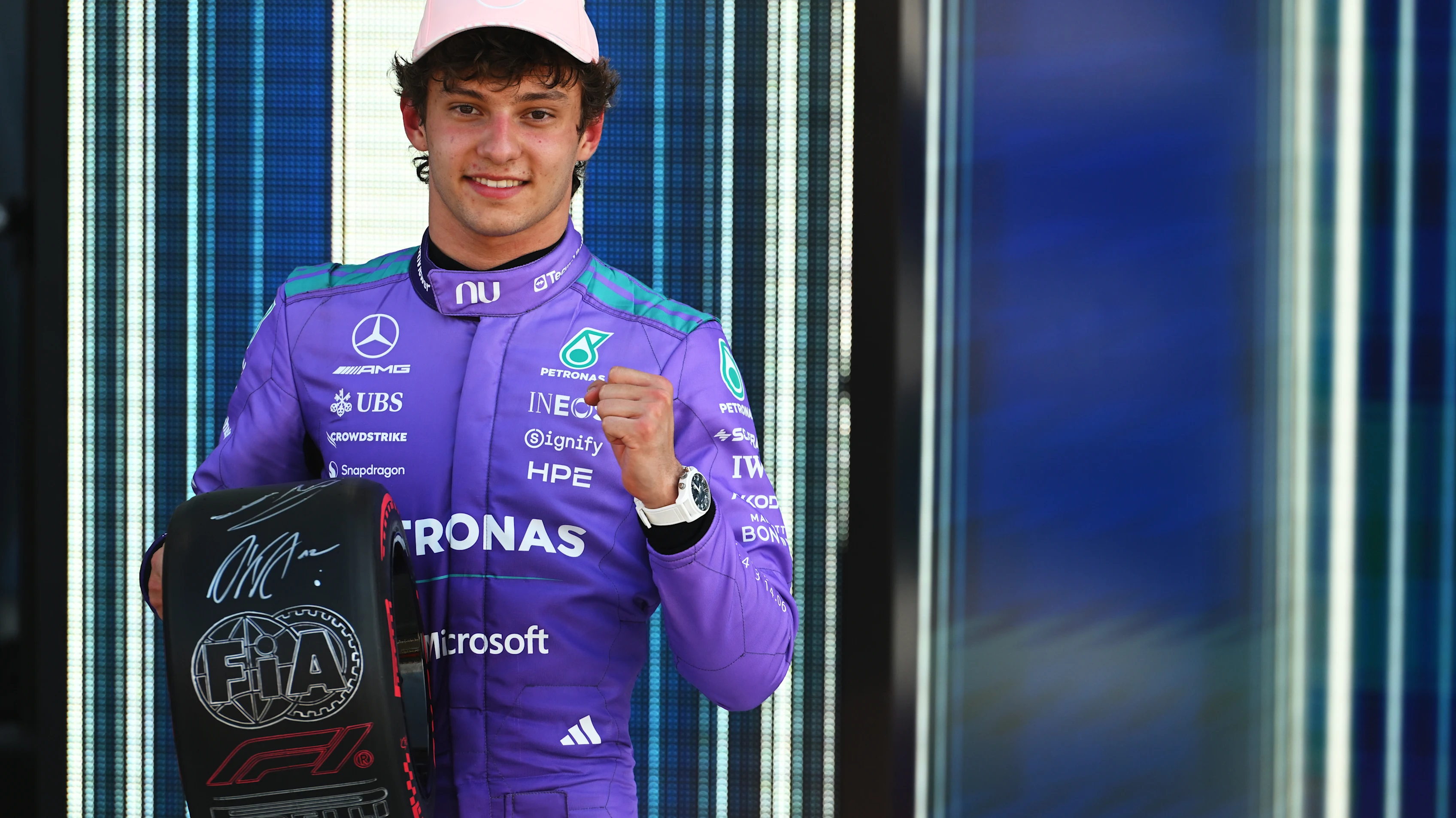 MIAMI, FLORIDA - MAY 02: Pole position qualifier Andrea Kimi Antonelli of Italy and Mercedes AMG Petronas F1 Team with his Pirelli Pole Position award during qualifying ahead of the F1 Grand Prix of Miami at Miami International Autodrome on May 02, 2026 in Miami, Florida. (Photo by Rudy Carezzevoli/Getty Images)