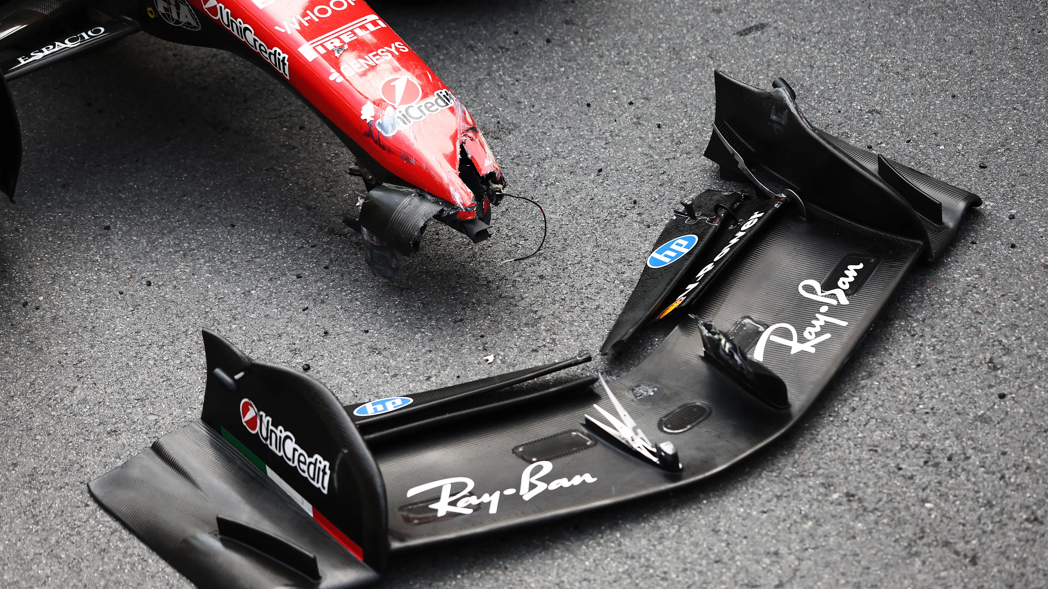 MONTE-CARLO, MONACO - JUNE 07: The damaged car of Charles Leclerc of Monaco and Scuderia Ferrari