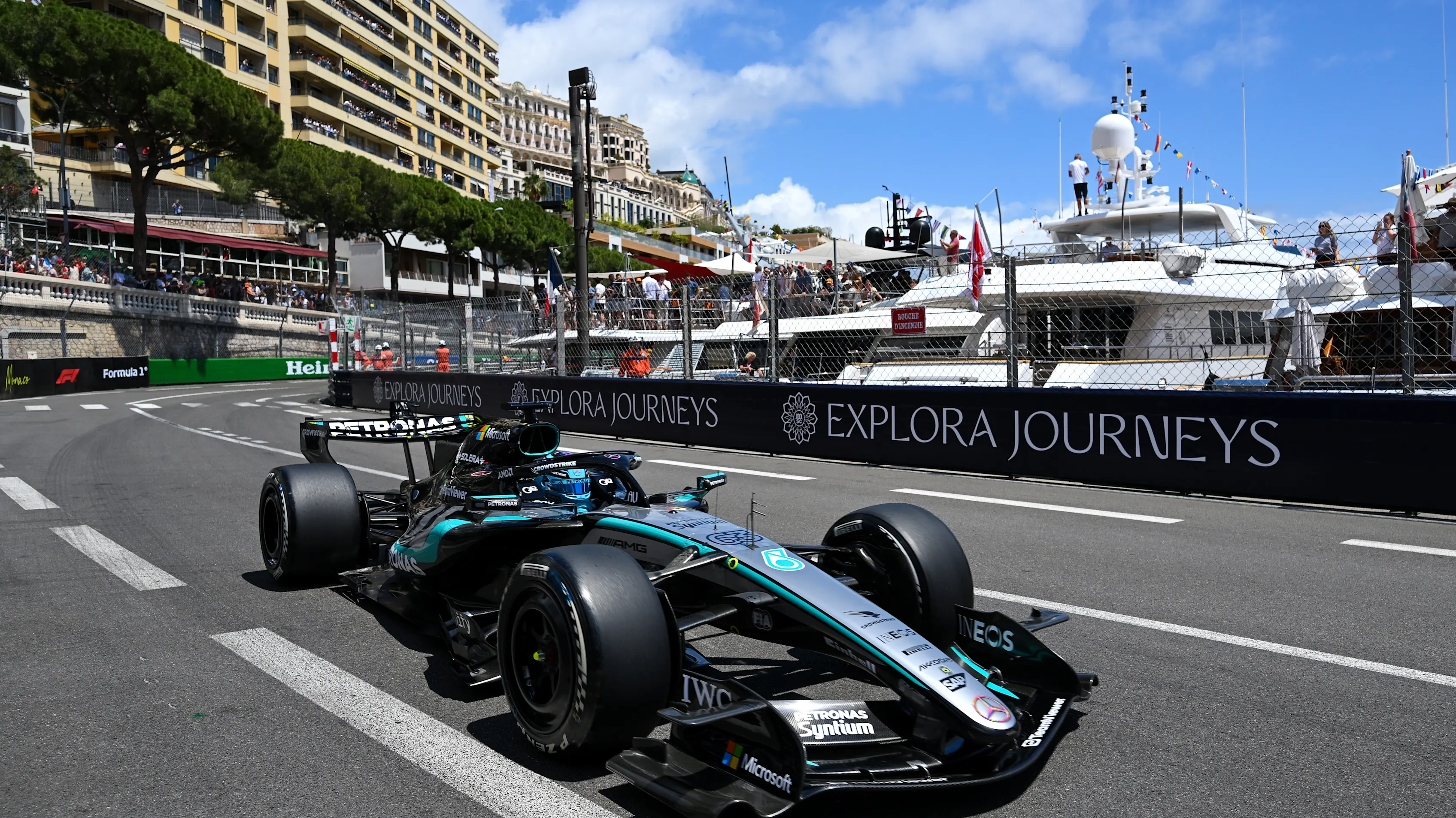 MONTE-CARLO, MONACO - JUNE 05: George Russell of Great Britain driving the (63) Mercedes AMG