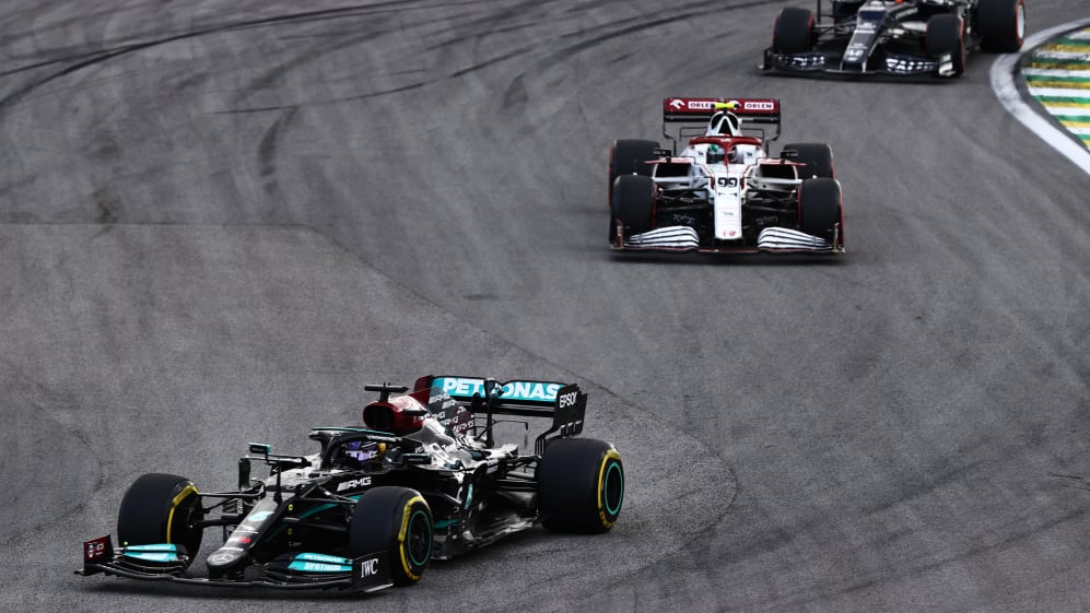 SAO PAULO, BRAZIL - NOVEMBER 13: Lewis Hamilton of Great Britain driving the (44) Mercedes AMG