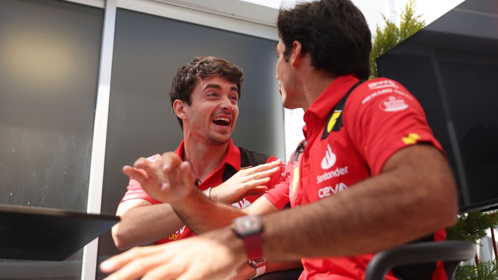 BAKU, AZERBAIJAN - APRIL 27: Carlos Sainz of Spain and Ferrari and Charles Leclerc of Monaco and