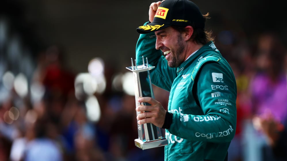 MIAMI, FLORIDA - MAY 07: Third placed Fernando Alonso of Spain and Aston Martin F1 Team celebrates