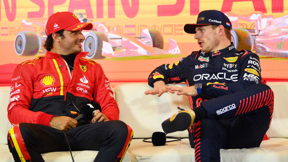 BARCELONA, SPAIN - JUNE 03: Second placed qualifier Carlos Sainz of Spain and Ferrari (L) and Pole