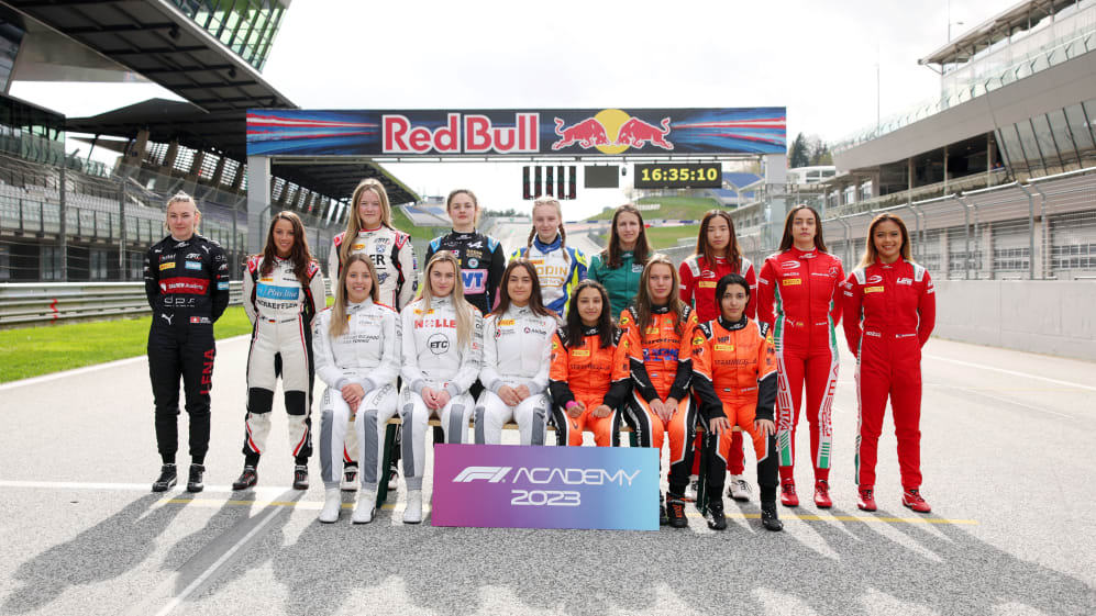 SPIELBERG, AUSTRIA - APRIL 27: The Formula 1 Academy 2023 drivers line up for a group photo during