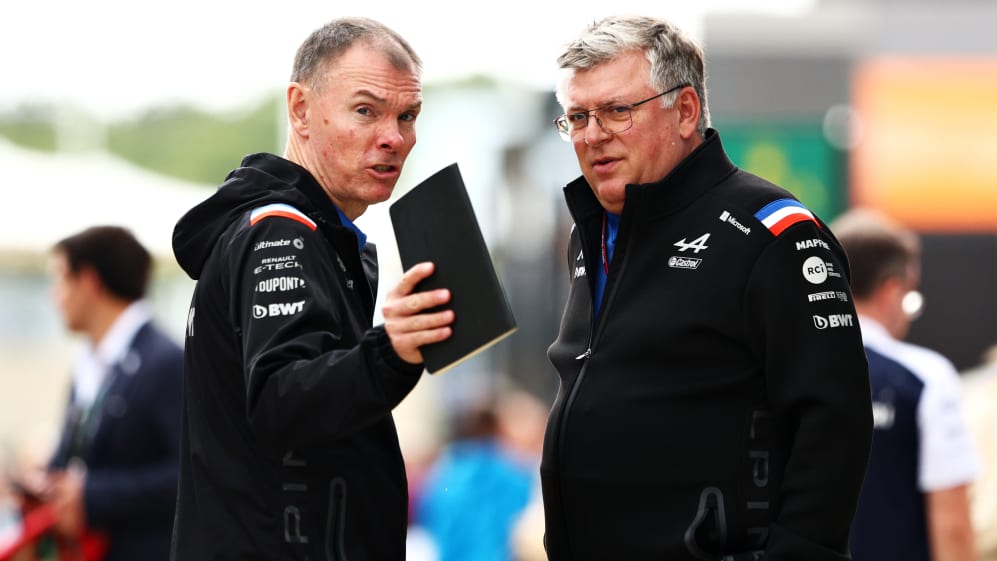 NORTHAMPTON, ENGLAND - JULY 01: Otmar Szafnauer, Team Principal of Alpine F1 talks with Alan