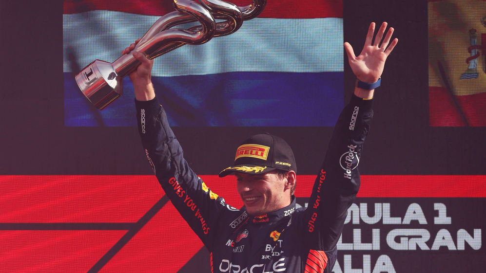 The race winners trophies of Max Verstappen of Netherlands and Red