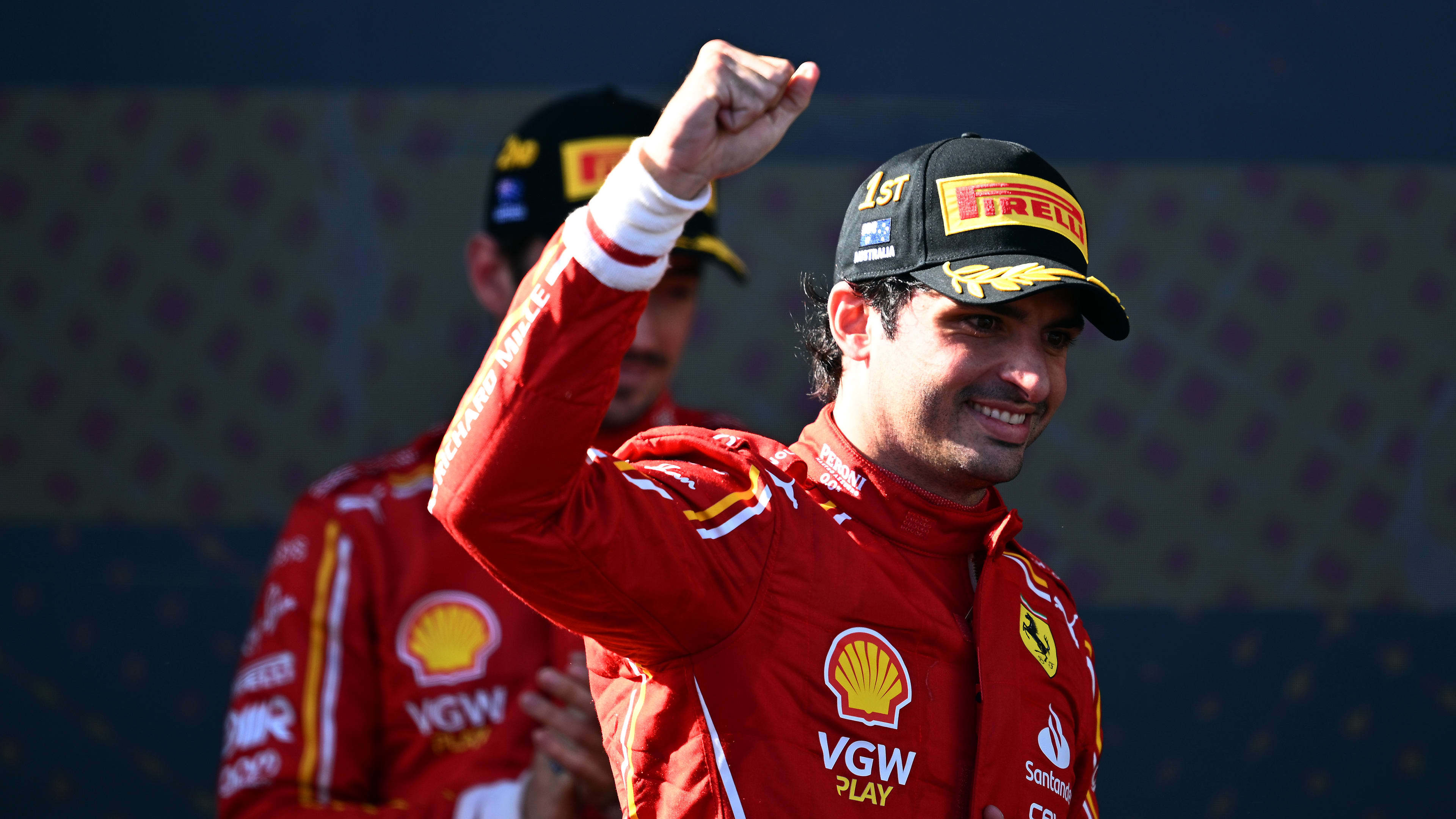 MELBOURNE, AUSTRALIA - MARCH 24: Race winner Carlos Sainz of Spain and Ferrari celebrates on the