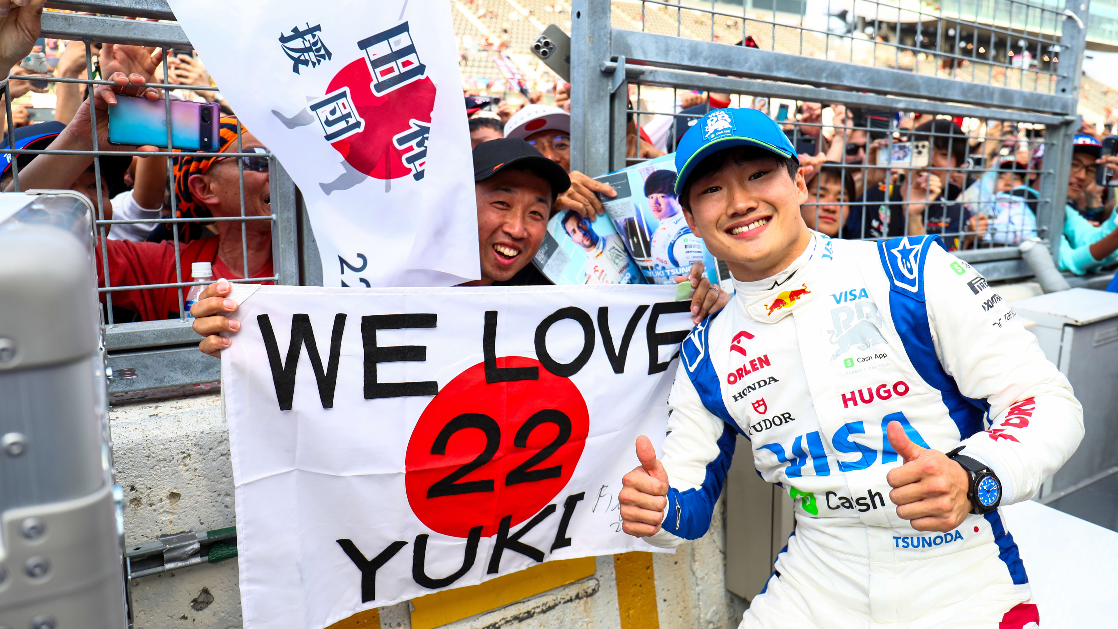 SUZUKA, JAPAN - APRIL 07: Yuki Tsunoda of Scuderia Visa Cash App RB celebrates finishing in 10th