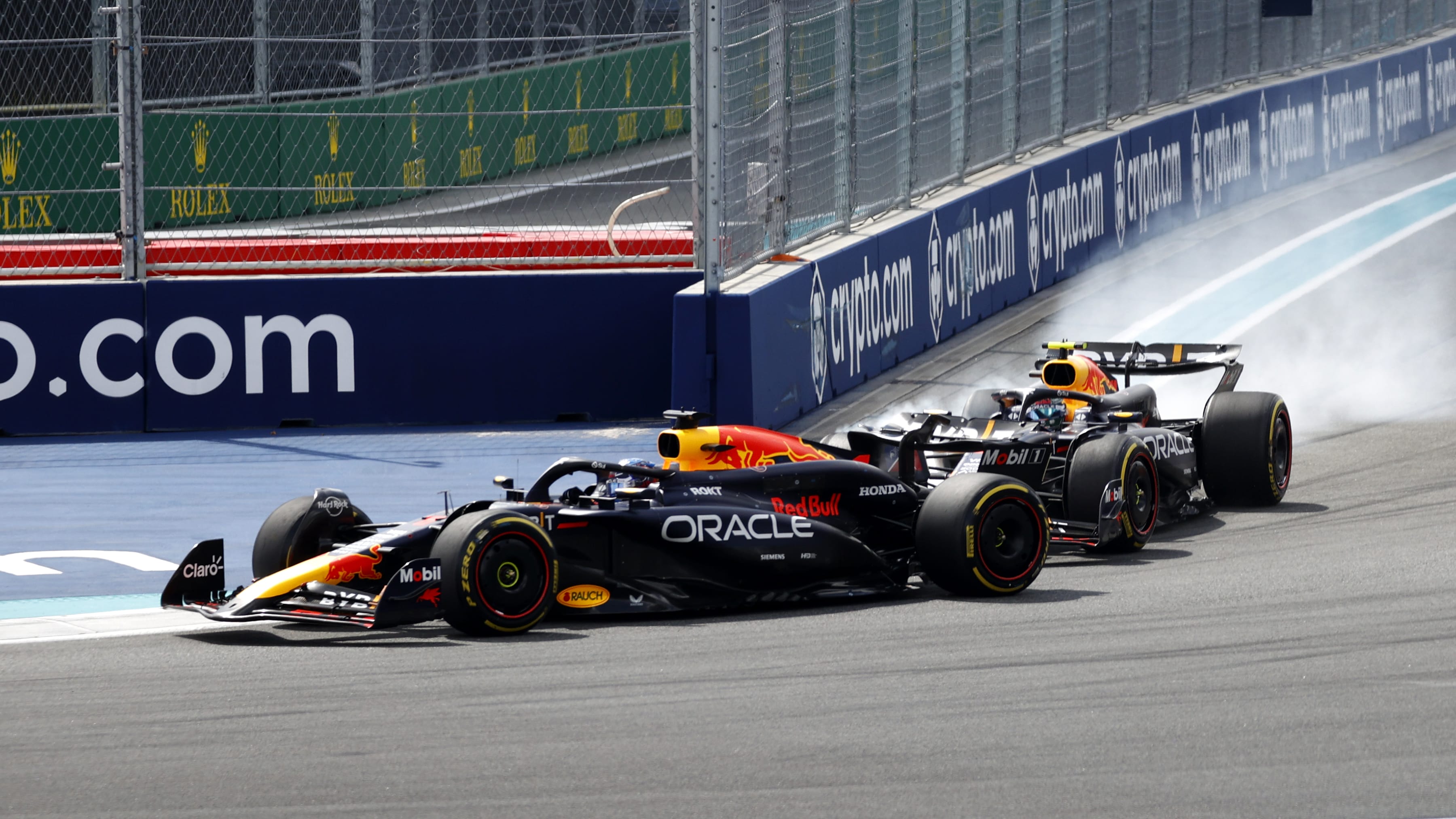 MIAMI GARDENS, FL - MAY 05: Oracle Red Bull Racing driver Sergio Perez #11 of Mexico locks his