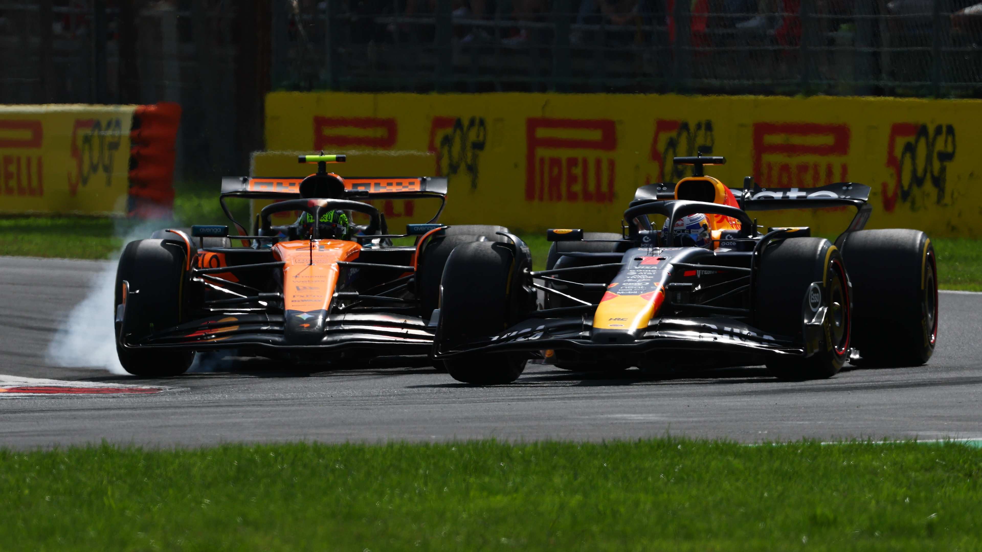 Lando Norris’s McLaren alongside Max Verstappen’s Red Bull at Monza in 2025.